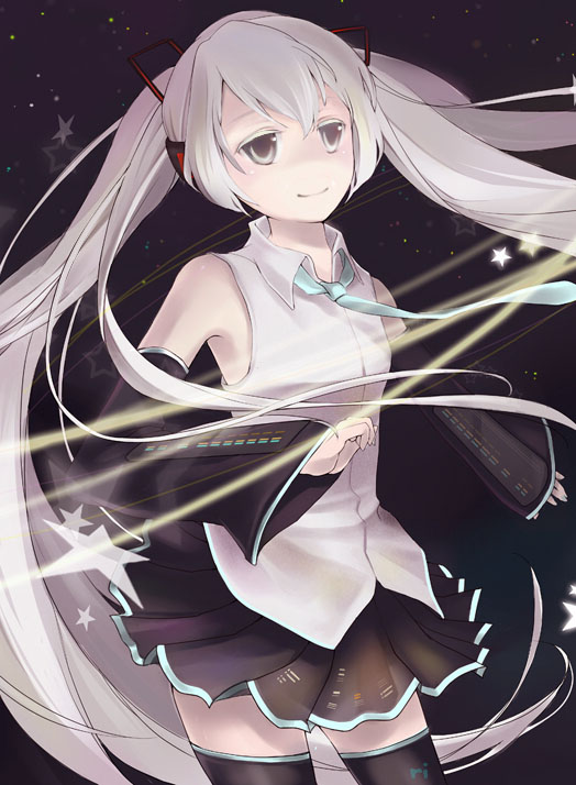 lyu (rina0129), rushka, hatsune miku, vocaloid, silver hair, bad id, bad pixiv id, 1girl, detached sleeves, female focus, grey eyes, headphones, long hair, necktie, skirt, solo, thighhighs, twintails, very long hair, zettai ryouiki