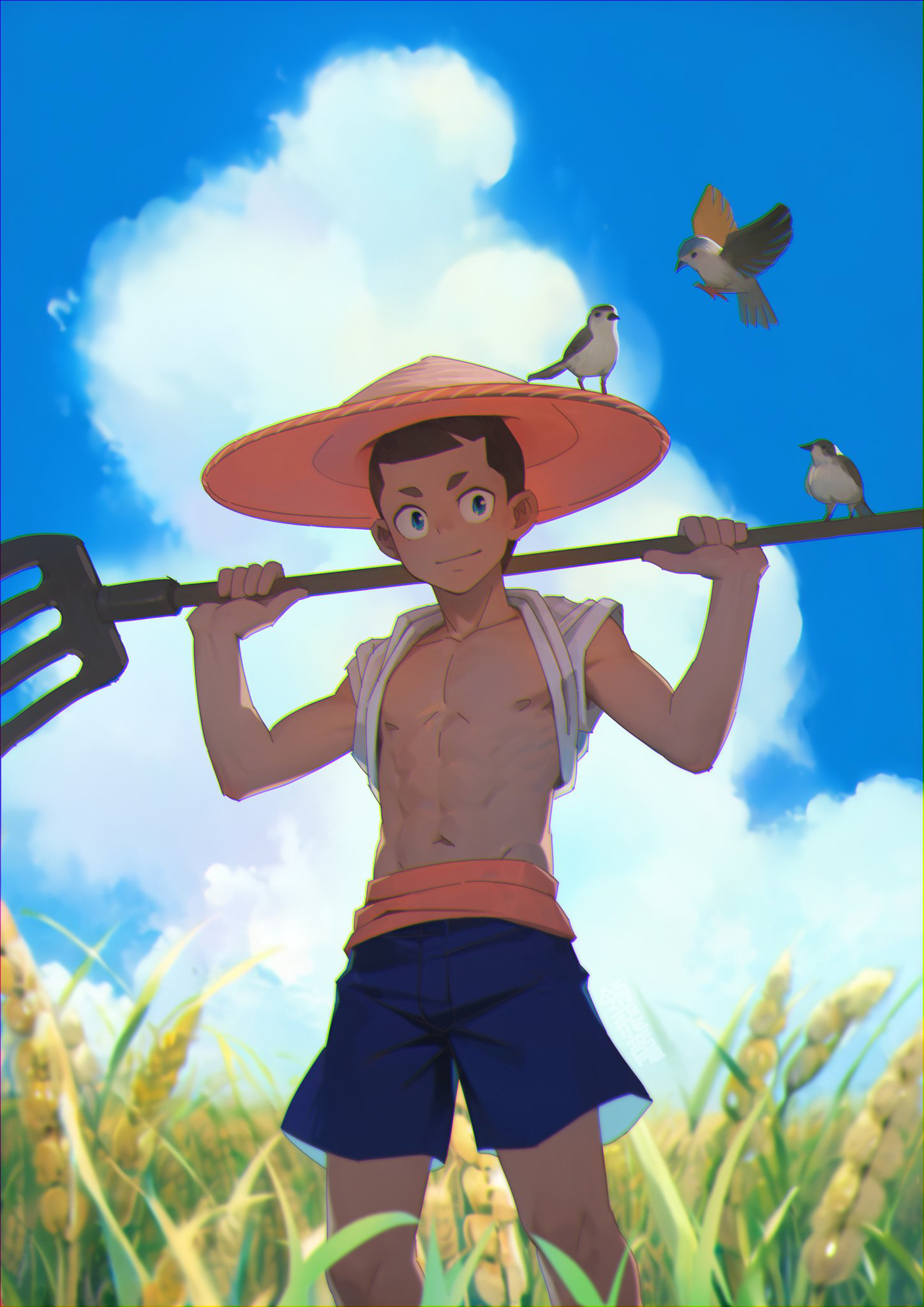 ryou hiryuu, original, 1boy, bird, blue eyes, blue sky, buzz cut, cloud, cloudy sky, field, hat, holding, holding pitchfork, male focus, navel, nipples, open clothes, pitchfork, shaved head, shirt, shorts, sky, solo, standing, toned, toned male, very short hair, white shirt
