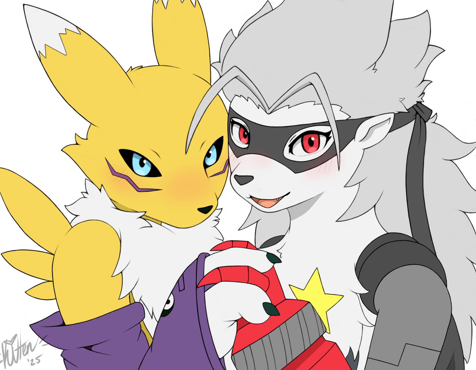 renamon, wolvermon, digimon, blush, digimon (creature), holding hands, kurimucat, looking at viewer, mask, smile, star (symbol)
