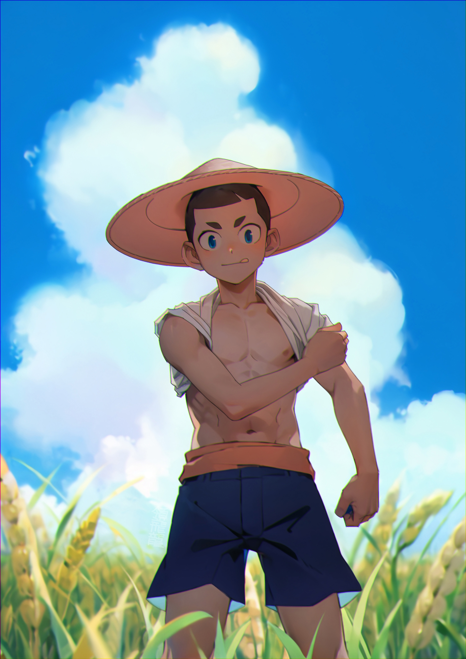 ryou hiryuu, original, 1boy, blue eyes, blue sky, buzz cut, cloud, cloudy sky, field, hat, male focus, shaved head, shirt, shorts, sky, solo, toned, toned male, tongue, tongue out, very short hair