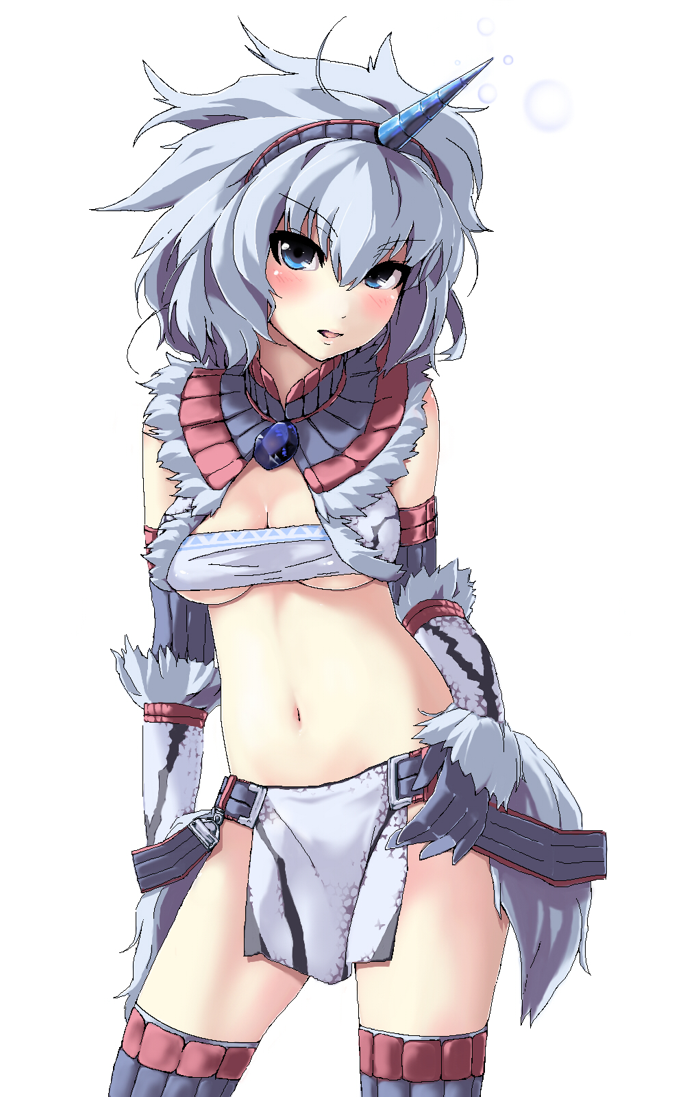 grune, capcom, monster hunter (series), highres, 1girl, blush, breasts, cleavage, elbow gloves, female focus, gloves, grey hair, hairband, horns, kirin (armor), large breasts, loincloth, long hair, midriff, navel, simple background, single horn, solo, thighhighs, underboob