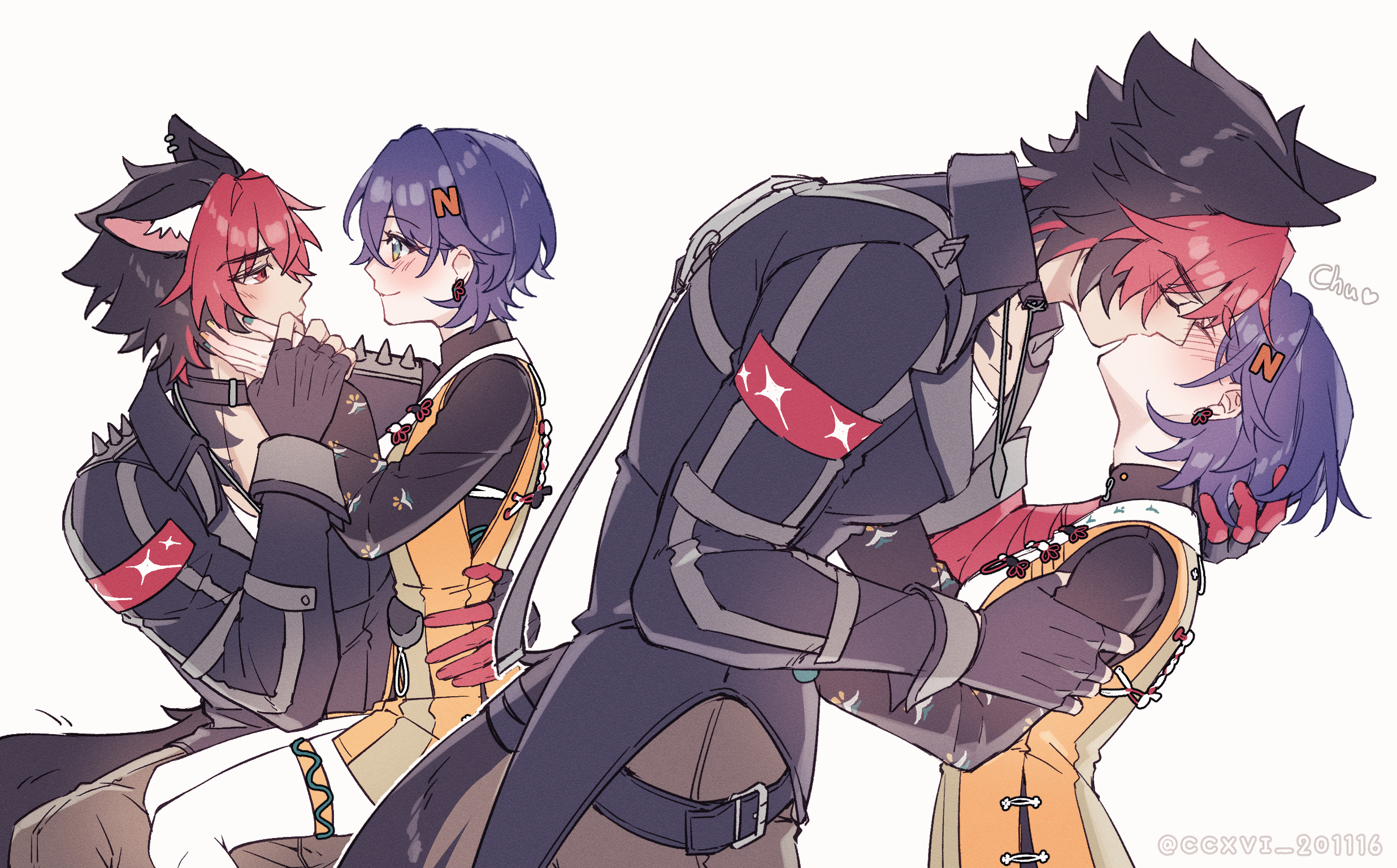 ccxvi 201116, belle (delicate sunlight) (zenless zone zero), belle (zenless zone zero), komano manato, zenless zone zero, commentary, commentary request, english commentary, highres, mixed-language commentary, 1boy, 1girl, animal ear fluff, animal ear piercing, animal ears, bandaged arm, bandages, beizi (clothing), black gloves, black hair, black jacket, blue hair, blush, brown pants, chinese clothes, closed eyes, closed mouth, collar, collarbone, crossed bangs, dog boy, dog ears, dog tail, dress, dress over shirt, earrings, eye contact, fingerless gloves, from side, gloves, green eyes, hair between eyes, hair ornament, hand on another's back, hand on another's face, hetero, jacket, jewelry, kiss, letter hair ornament, looking at another, multicolored hair, multiple views, muscular, muscular male, necklace, official alternate costume, orange dress, pants, pantyhose, red bandage, red eyes, red hair, shirt, short hair, simple background, sitting, sitting on lap, sitting on person, smile, sound effects, spiked jacket, tail, thigh strap, twitter username, upper body, white background, white pantyhose, white shirt