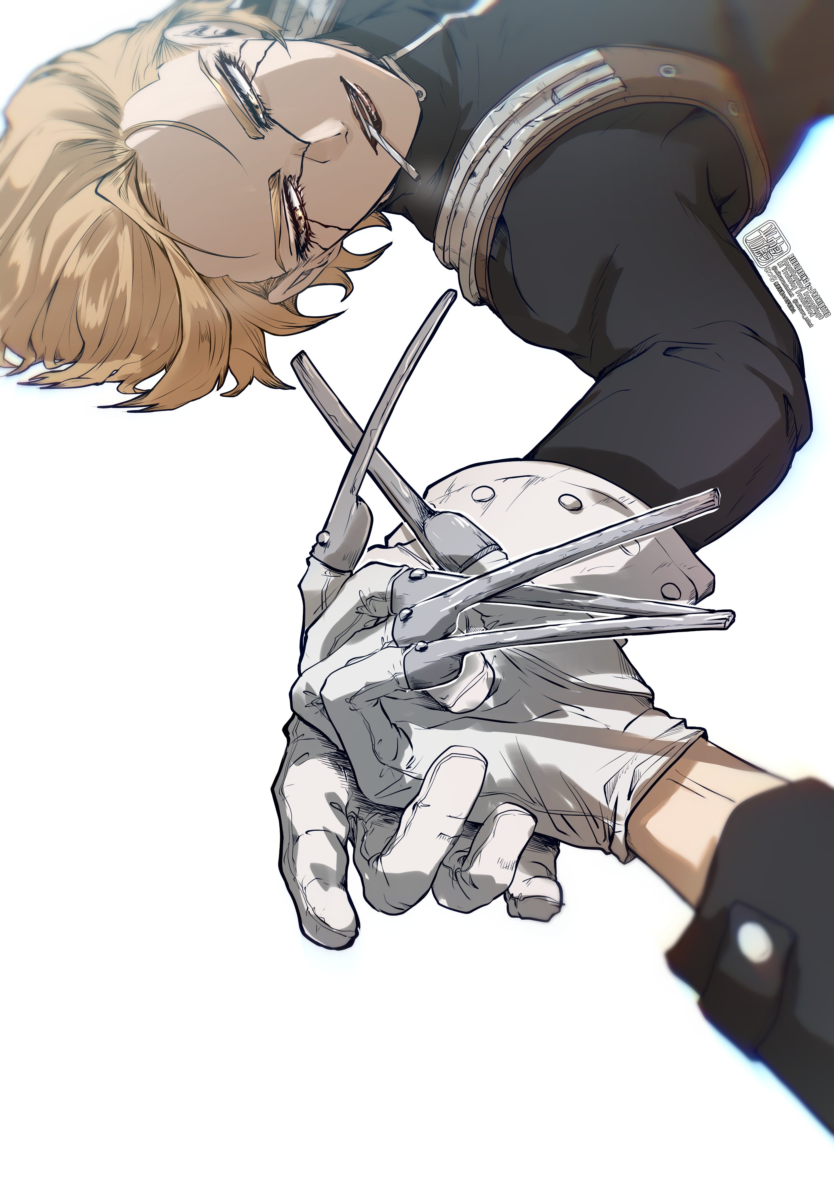 mitsuru (aica hikari), dr. stone, absurdres, highres, 2boys, blonde hair, cigarette, gloves, holding, holding hands, implied yaoi, long sleeves, looking at viewer, lying, male focus, mouth hold, multiple boys, on back, open mouth, out of frame, red eyes, scar, short hair, simple background, smoking, solo focus, stanley snyder (dr.stone), upper body, white background, white gloves, xeno (dr.stone)