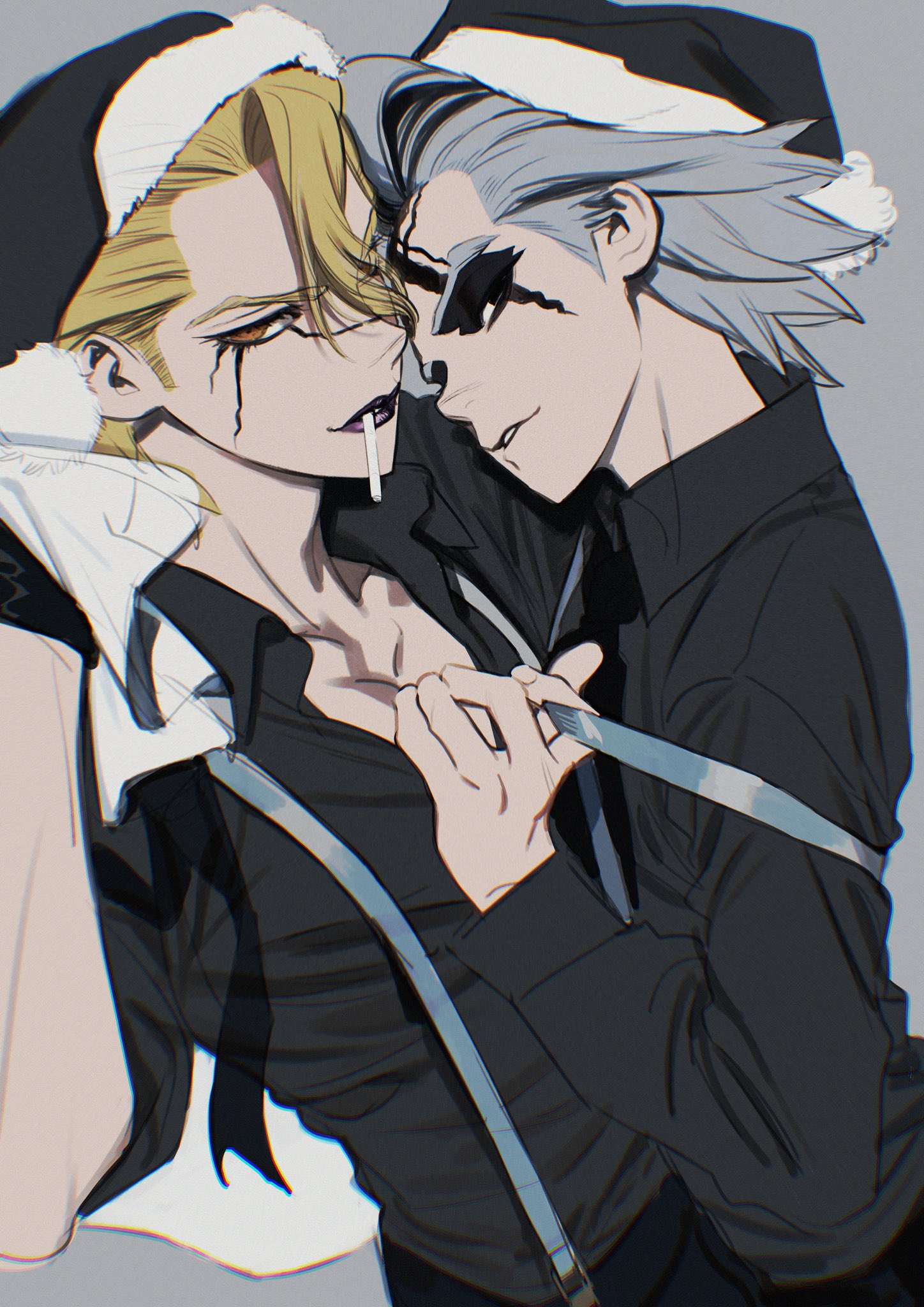 dr. stone, highres, 2boys, black gloves, black lips, black necktie, black pants, black shirt, blonde hair, candy, christmas, collarbone, collared shirt, food, gloves, grey background, grey hair, hair between eyes, hat, holding, holding sack, long sleeves, looking at viewer, makeup, male focus, mouth hold, multicolored hair, multiple boys, necktie, pants, parted lips, pectoral cleavage, pectorals, sack, santa hat, shirt, short hair, simple background, smile, spiked hair, stanley snyder (dr.stone), suspenders, tatsumiro, toned, toned male, two-tone hair, undone necktie, undressing another, upper body, xeno (dr.stone), yaoi, yellow eyes