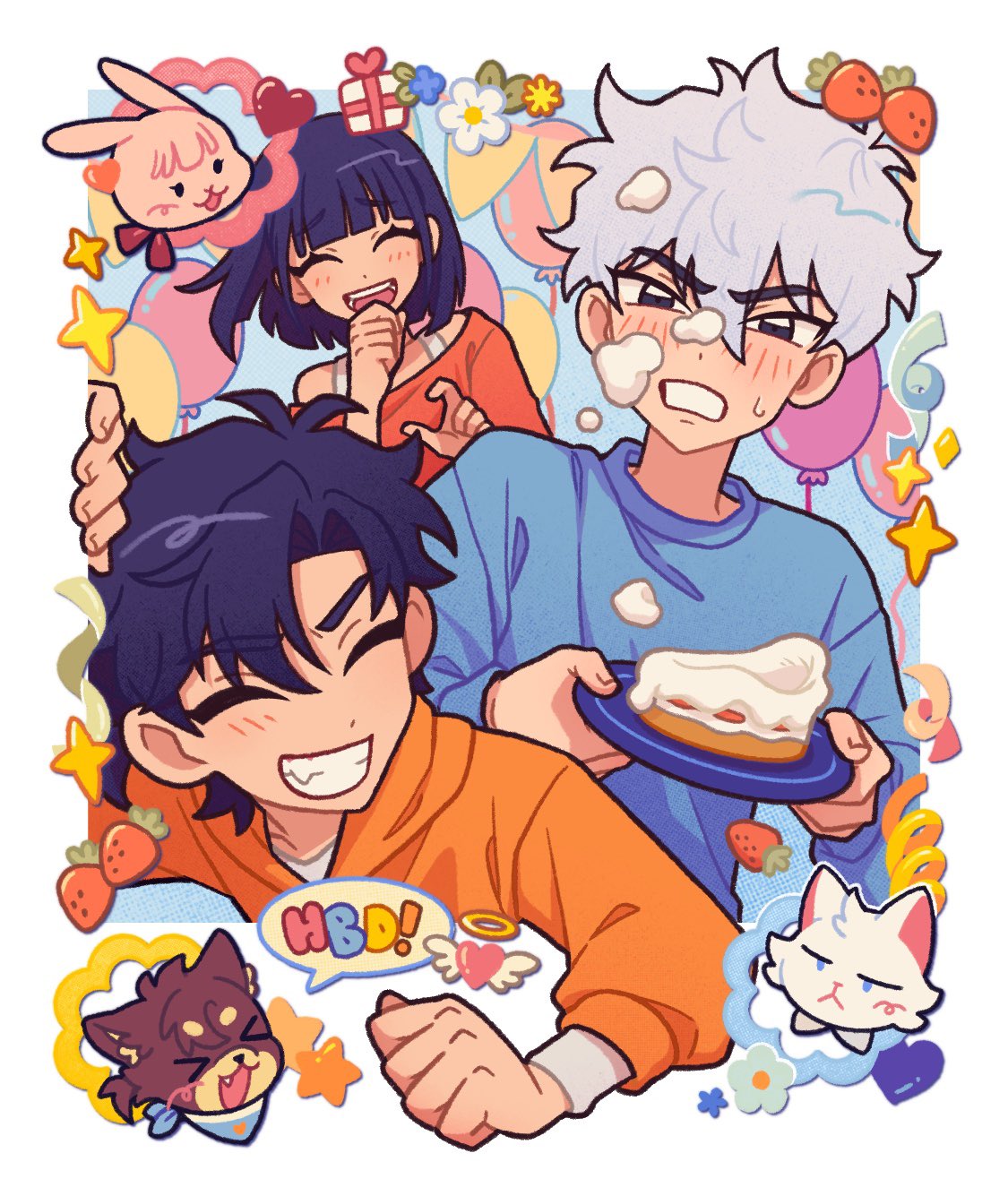submashell, cheng xiaoshi, lu guang, qiao ling, shiguang dailiren, highres, 1girl, 2boys, balloon, birthday cake, black eyes, black hair, blue hoodie, blue shirt, blunt bangs, blush, border, cake, cake slice, cat, closed eyes, cream, cream on face, flower, food, food on face, fruit, gift, grin, halo, happy birthday, heart, holding, holding plate, hood, hood down, hoodie, long sleeves, multiple boys, open mouth, orange hoodie, orange sweater, plate, rabbit, shirt, short hair, smile, strawberry, sweater, teeth, upper body, white border, white flower, white hair