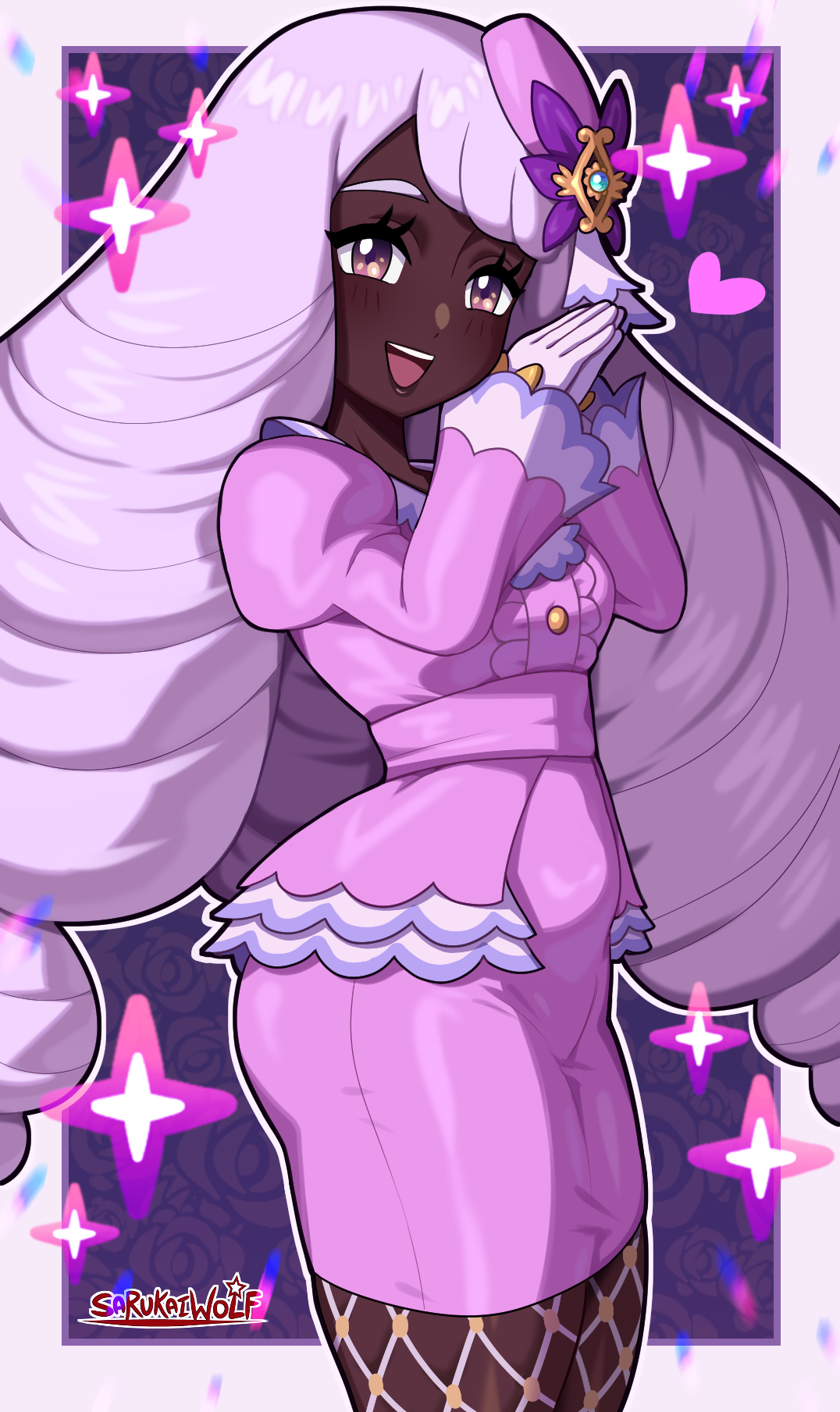 sarukaiwolf, jacinthe (pokemon), nintendo, pokemon, pokemon legends: z-a, highres, 1girl, brown lips, dark-skinned female, dark skin, dress, drill hair, eyelashes, fishnet pantyhose, fishnets, gloves, long hair, own hands together, pantyhose, pencil skirt, pink dress, purple hair, skirt, smile, solo, twin drills, very dark skin, very long hair