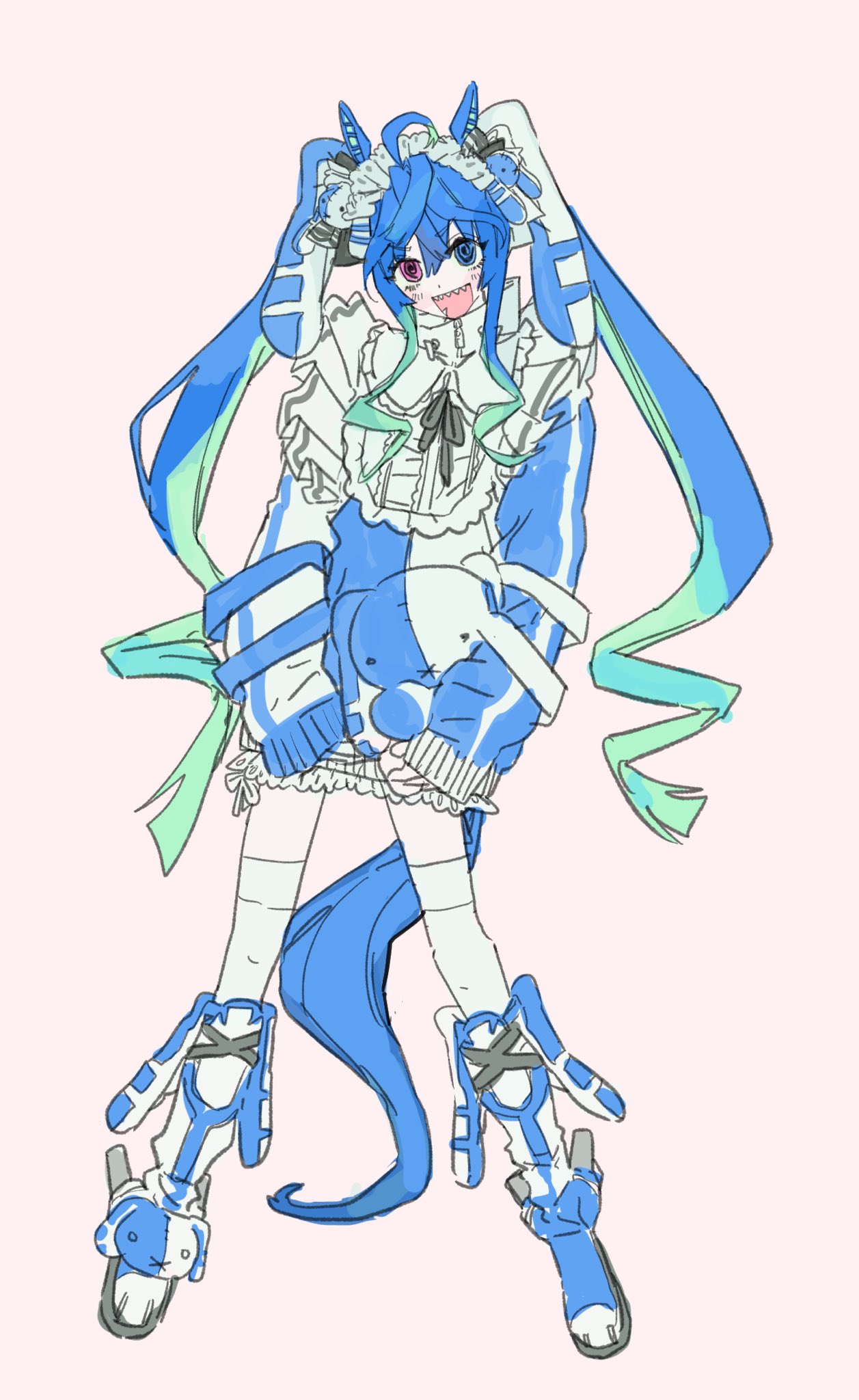 twin turbo (umamusume), umamusume, highres, 1girl, @ @, ahoge, animal ears, aqua hair, blue eyes, blue hair, blue jacket, bow, crossed bangs, full body, hair bow, heterochromia, horse ears, horse girl, horse tail, jacket, jersey maid, legs apart, long hair, long sleeves, maid, multicolored hair, open mouth, otaku in dream, purple eyes, rabbit ears, sharp teeth, sidelocks, simple background, sleeves past fingers, sleeves past wrists, solo, standing, stuffed animal, stuffed rabbit, stuffed toy, tail, teeth, twintails, two-tone hair, unconventional maid, very long hair