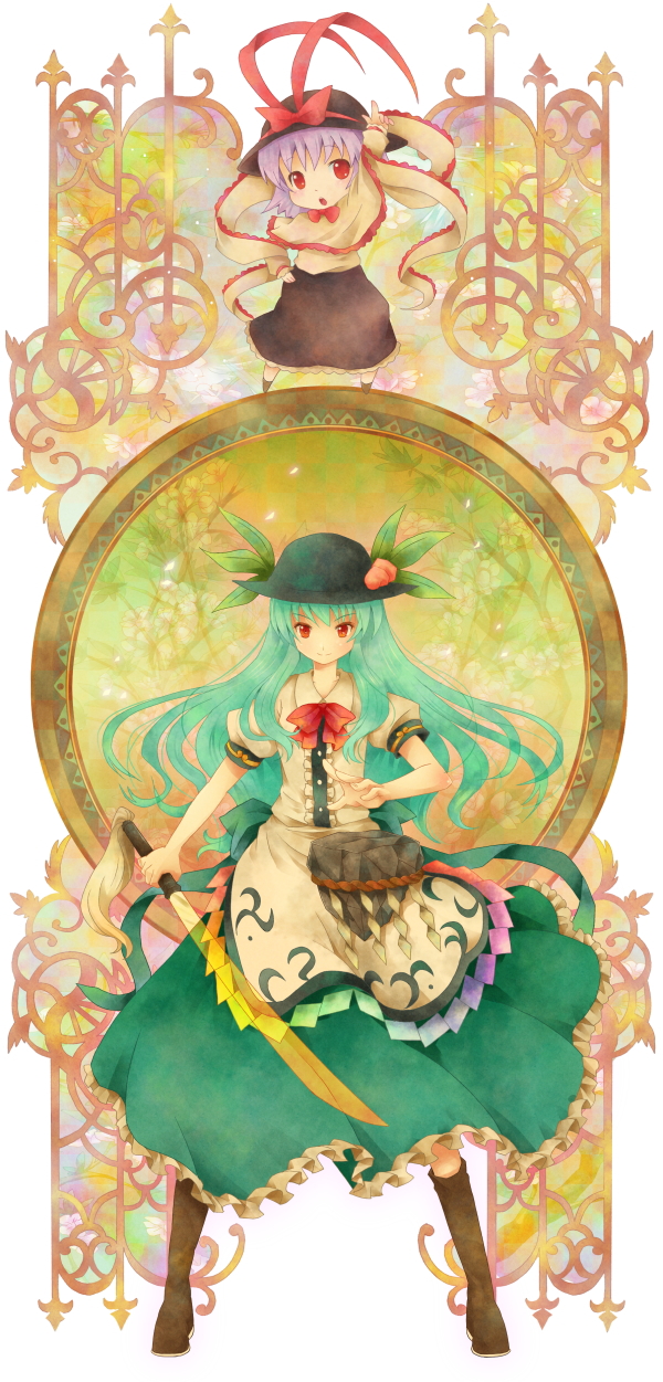 michii yuuki, hinanawi tenshi, nagae iku, saturday night fever, touhou, bad id, bad pixiv id, highres, 2girls, blue hair, chibi, female focus, food, fruit, hand on own hip, hat, long hair, multiple girls, peach, purple hair, red eyes, rock, short hair, sword, sword of hisou, weapon