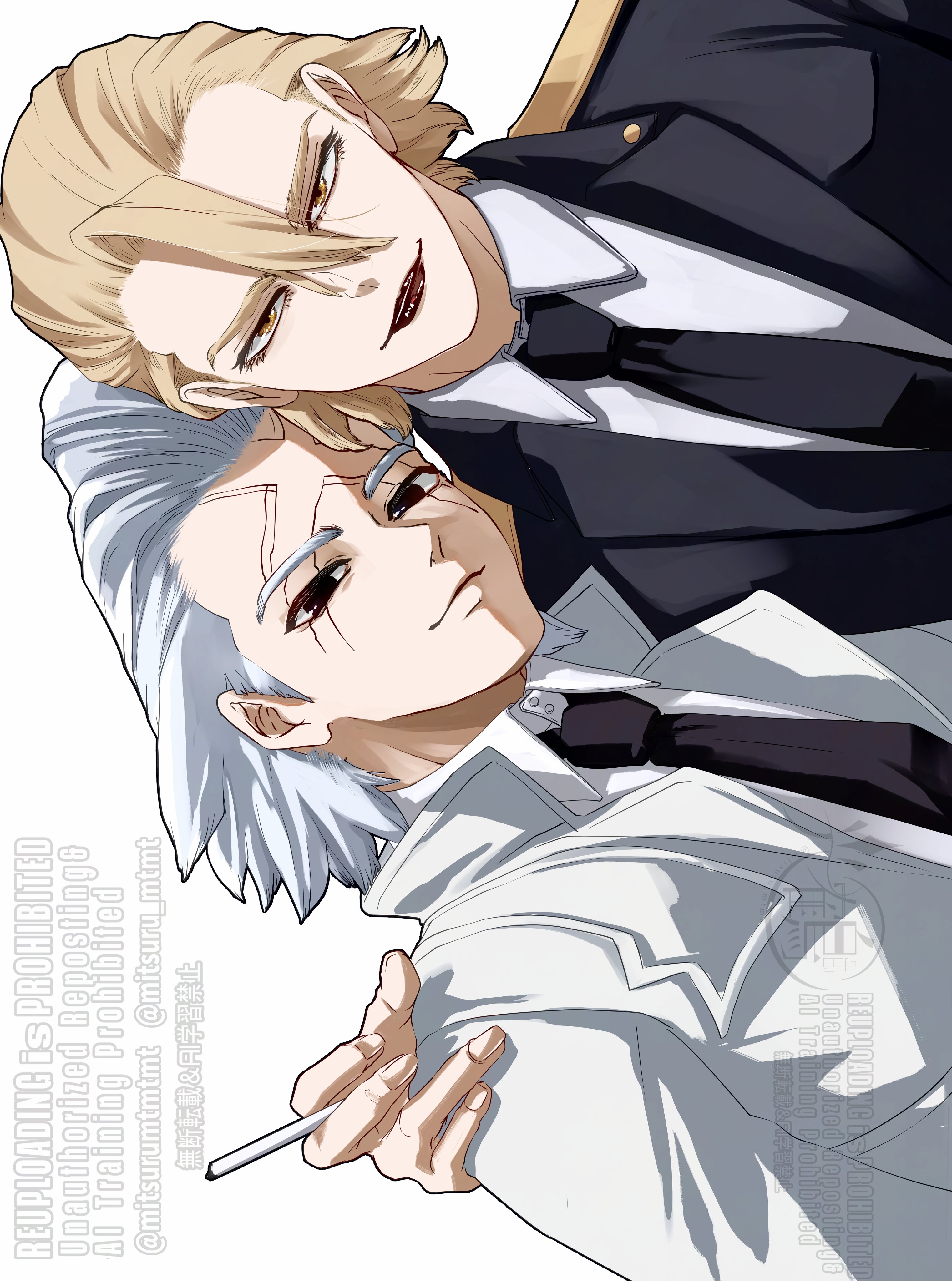 mitsuru (aica hikari), dr. stone, absurdres, highres, 2boys, black eyes, black jacket, black necktie, black suit, blonde hair, cigarette, coat, collared shirt, epaulettes, formal clothes, grey hair, hair between eyes, hair slicked back, hand on another's shoulder, holding, holding cigarette, jacket, looking at viewer, male focus, multiple boys, necktie, open mouth, shirt, short hair, simple background, smile, stanley snyder (dr.stone), suit, teeth, upper body, white background, white coat, white jacket, white shirt, white suit, xeno (dr.stone), yaoi, yellow eyes