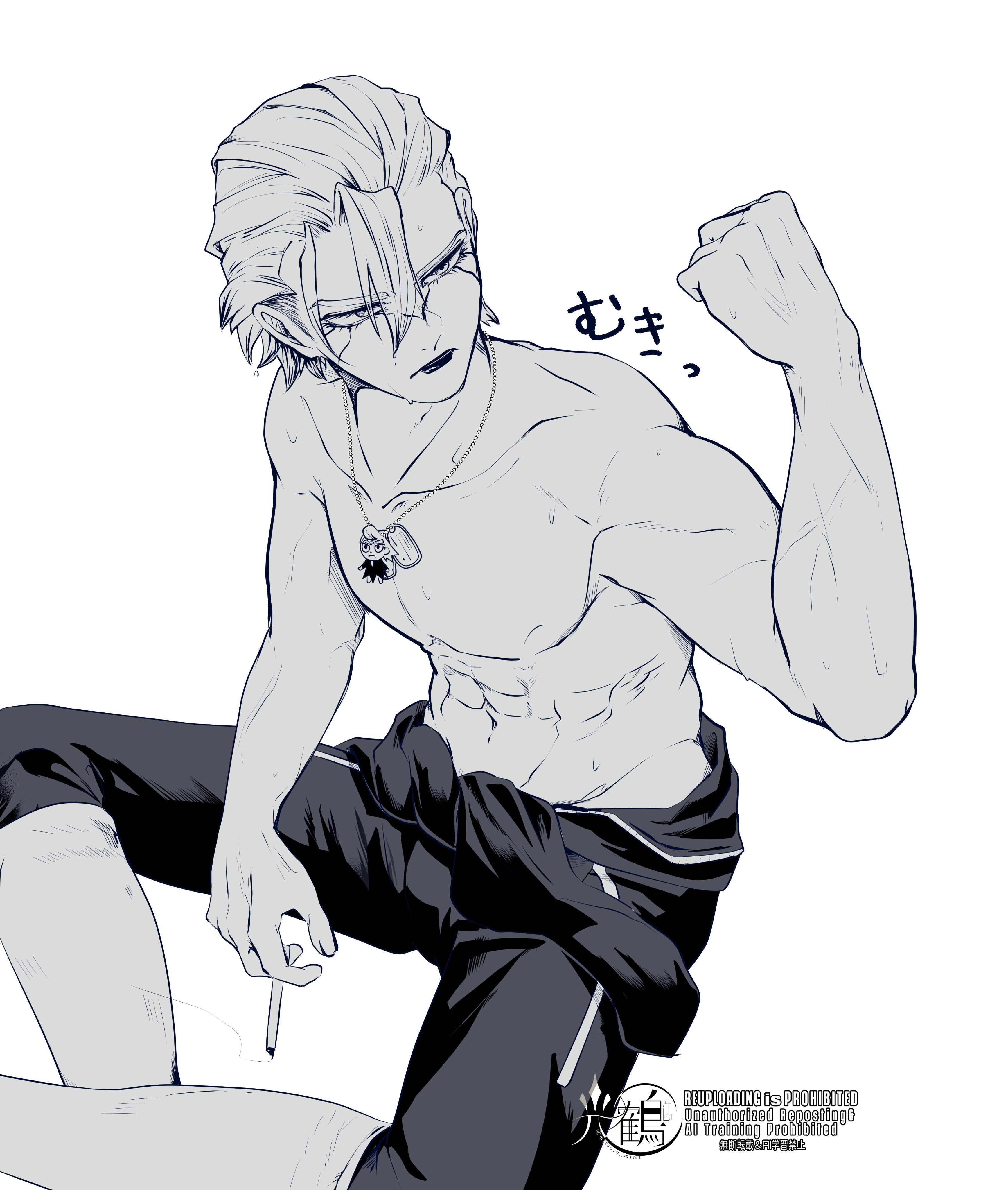 mitsuru (aica hikari), dr. stone, absurdres, commentary, highres, symbol-only commentary, 1boy, abs, cigarette, clenched hand, clothes around waist, earrings, flexing, greyscale, holding, jewelry, male focus, monochrome, muscular, necklace, pectorals, scar, short hair, simple background, sitting, smoking, solo, stanley snyder (dr.stone), sweat, toned, toned male, topless male, white background