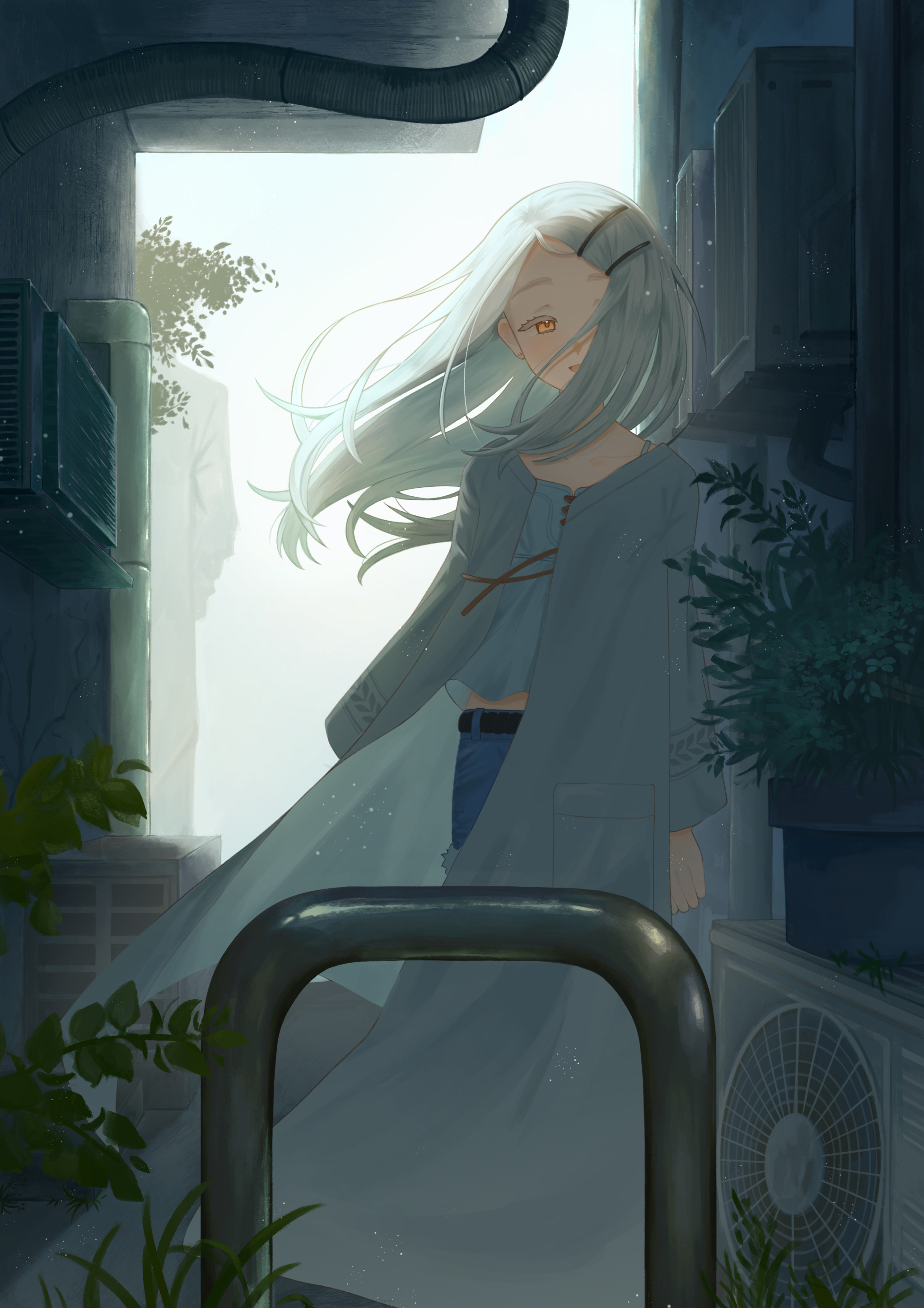 neu (neu neu1117), shinosawa hiro, gakuen idolmaster, idolmaster, absurdres, commentary request, highres, 1boy, 1girl, alley, backlighting, belt, black belt, black suit, blue shorts, camisole, collarbone, colored eyelashes, condenser unit, denim, denim shorts, earrings, floating hair, formal clothes, grey hair, hair ornament, hair over one eye, hairclip, half-closed eyes, jewelry, long hair, long sleeves, looking at viewer, midriff peek, one eye covered, open clothes, open mouth, open robe, orange eyes, out of frame, outdoors, parallel hairclips, parted bangs, red ribbon, ribbon, robe, shorts, smile, standing, stud earrings, suit, white camisole, white robe, wind