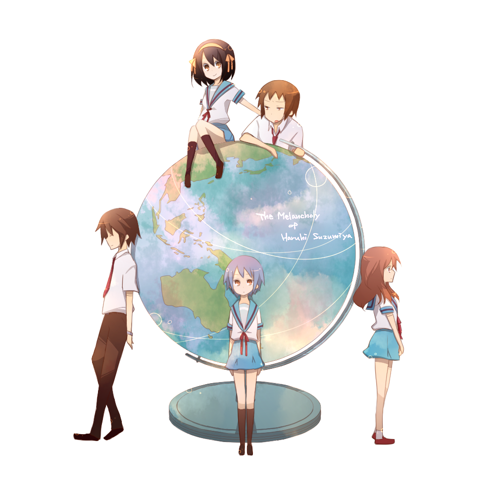 kinokosuke, asahina mikuru, koizumi itsuki, kyon, nagato yuki, suzumiya haruhi, suzumiya haruhi no yuuutsu, 00s, 2boys, 3girls, black socks, blue skirt, blush, brown hair, dress, globe, horns, kneehighs, long sleeves, multiple boys, multiple girls, necktie, orange hair, pants, purple hair, red necktie, school uniform, serafuku, simple background, skirt, socks, standing, white background, white dress