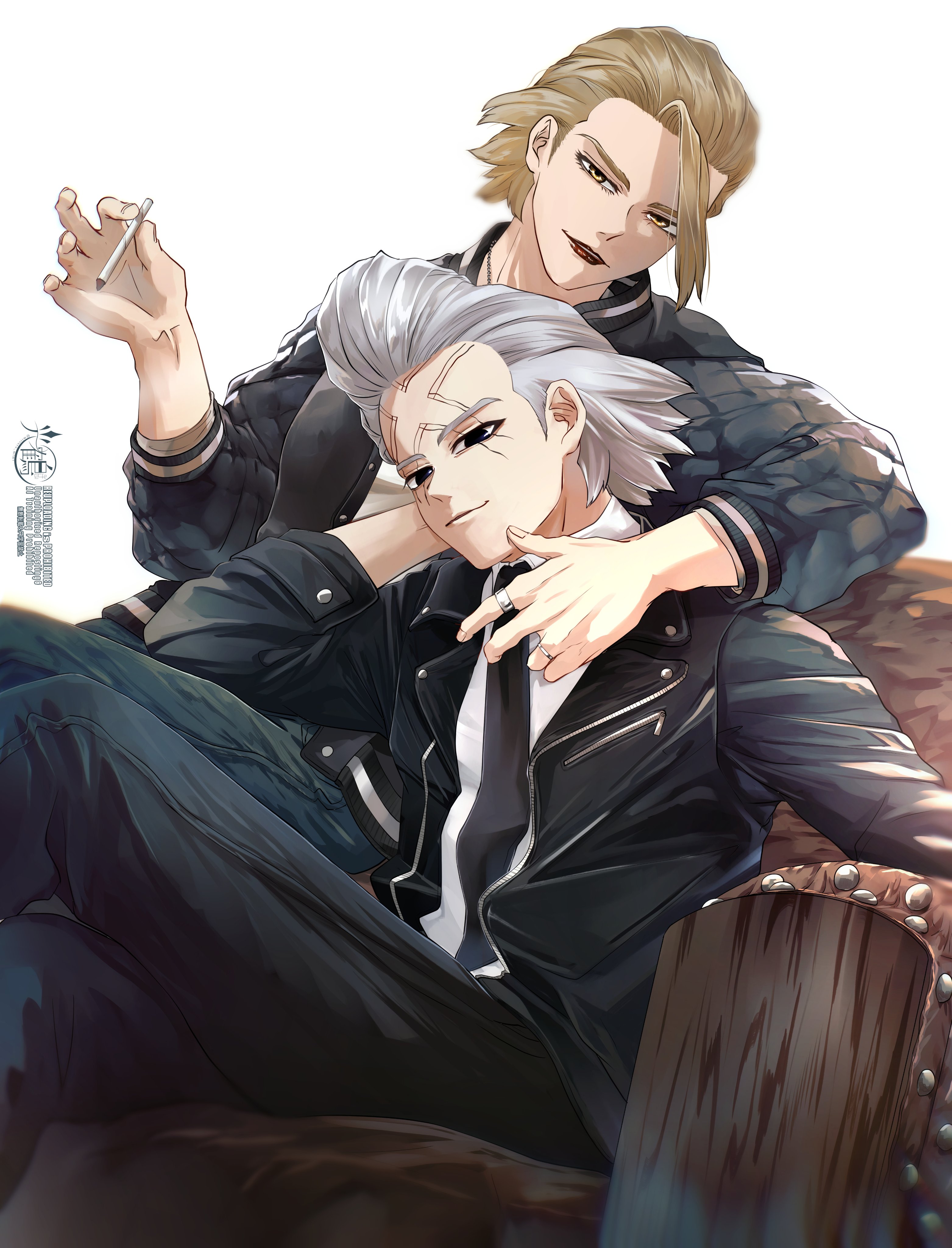 mitsuru (aica hikari), dr. stone, absurdres, highres, 2boys, black eyes, black jacket, black necktie, black pants, blonde hair, chair, cigarette, closed mouth, collared shirt, crossed legs, grey hair, hair slicked back, holding, holding cigarette, jacket, long sleeves, looking at viewer, makeup, male focus, multiple boys, necktie, open clothes, open jacket, open mouth, pants, shirt, short hair, simple background, sitting, smile, smoking, stanley snyder (dr.stone), white background, white shirt, xeno (dr.stone), yellow eyes