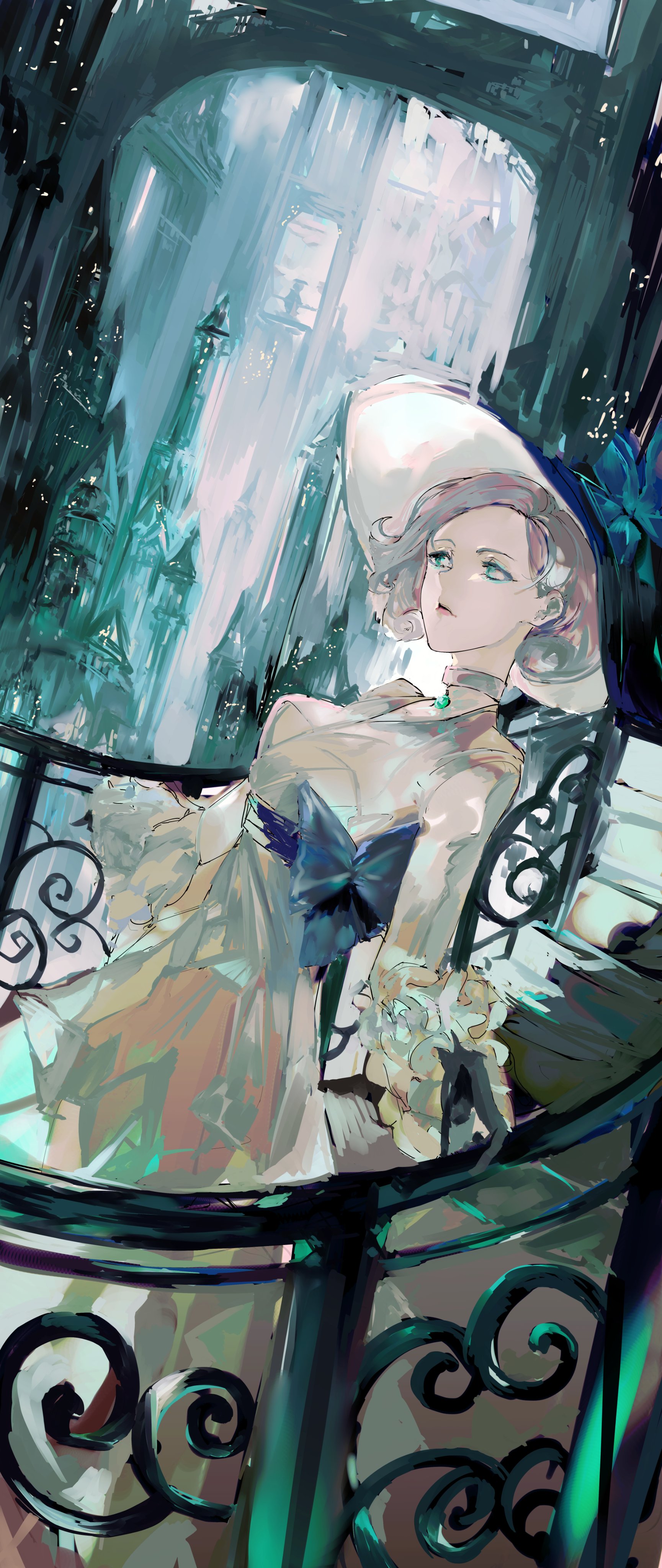 waffle820, original, absurdres, highres, 1girl, black gloves, blue eyes, breasts, bridge, city, dress, dutch angle, feet out of frame, frilled sleeves, frills, gloves, hat, looking at viewer, looking to the side, outdoors, railing, short hair, solo, stairs, walking, white dress, white hair