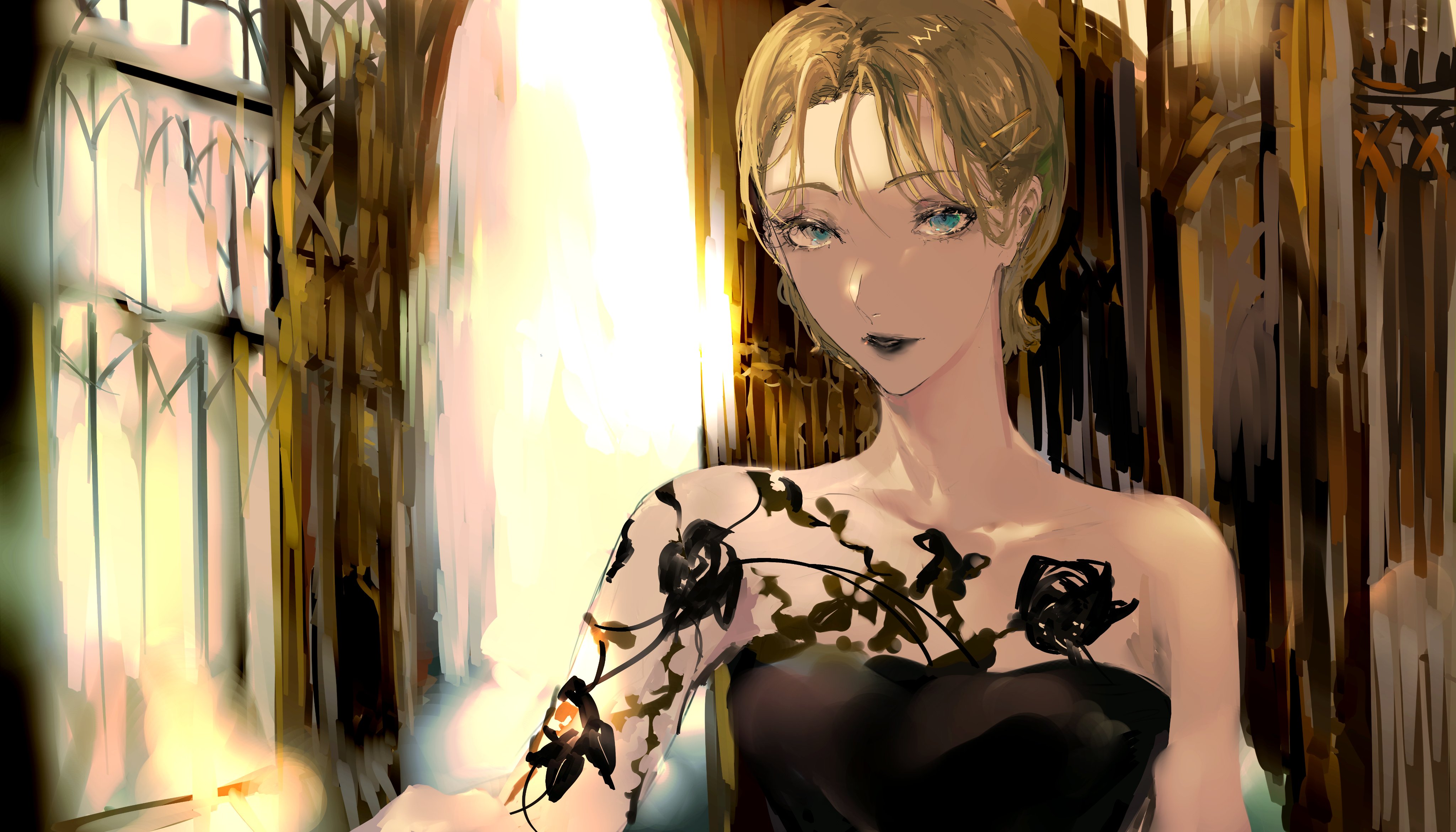 waffle820, original, absurdres, highres, 1girl, aegyo sal, arm tattoo, black dress, black lips, blonde hair, blue eyes, chest tattoo, dress, flower, hair bun, hair slicked back, looking at viewer, rose, smile, solo, tattoo, upper body