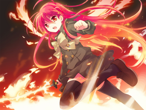 tachitsu teto, shana, shakugan no shana, resized, fire, long hair, pixiv thumbnail, red eyes, red hair, school uniform, solo, sword, thighhighs, weapon, zettai ryouiki