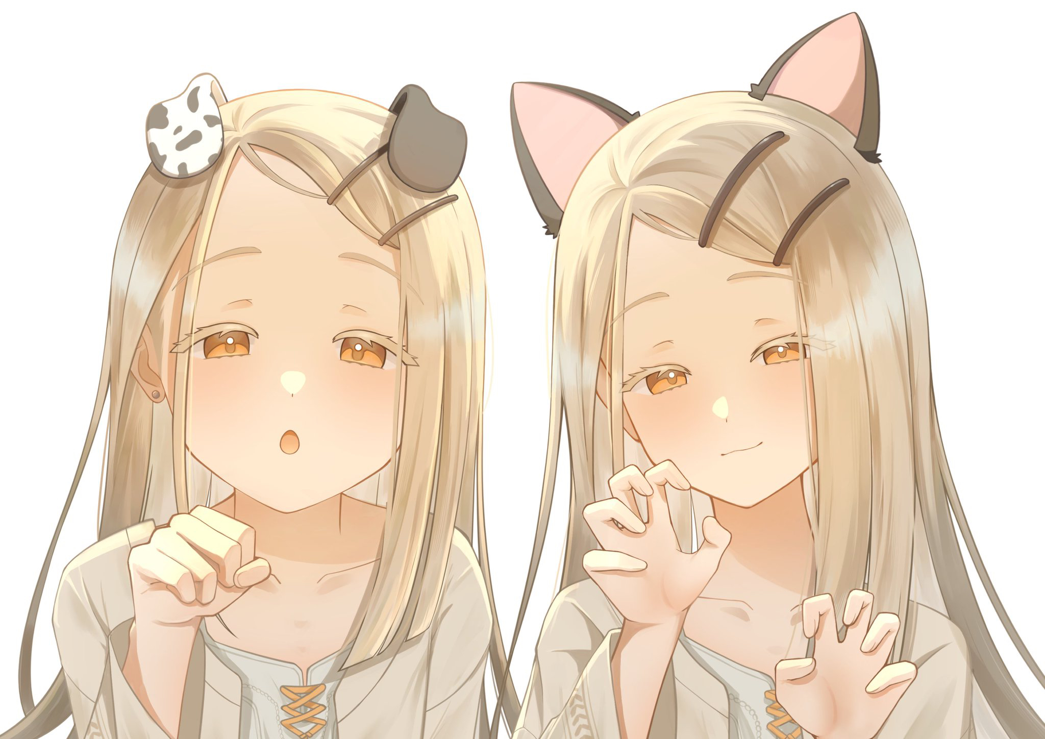 neu (neu neu1117), shinosawa hiro, gakuen idolmaster, idolmaster, highres, 2girls, animal ears, blonde hair, blush, cat ears, claw pose, dog ears, dual persona, long hair, looking at viewer, multiple girls, open mouth, orange eyes, paw pose, smile, upper body