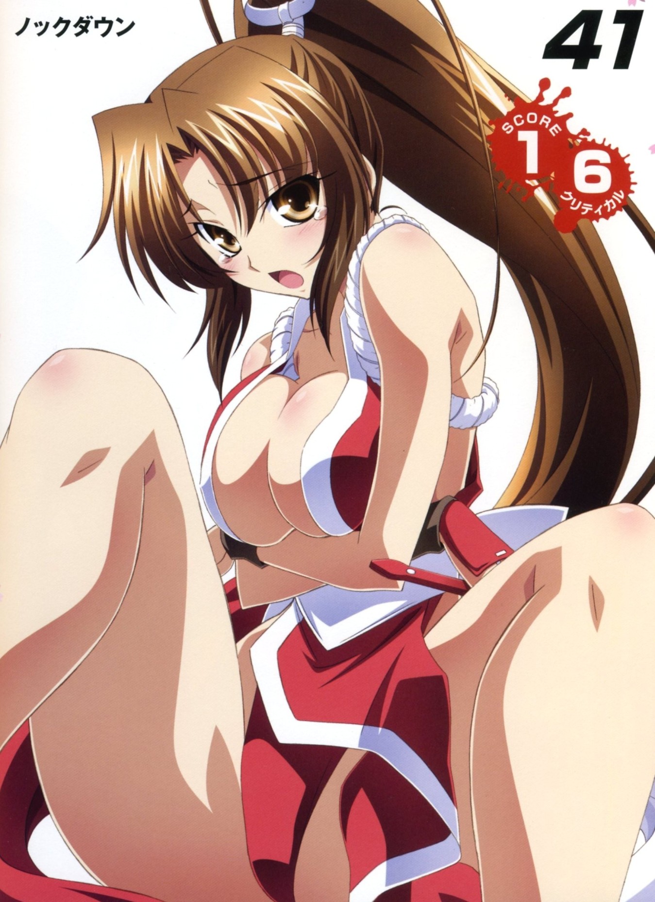 izumi mahiru, shiranui mai, fatal fury, queen's blade, queen's gate, snk, the king of fighters, breast hold, highres, 1girl, bare shoulders, blush, breasts, breasts squeezed together, brown eyes, brown hair, cleavage, female focus, large breasts, long hair, open mouth, pelvic curtain, ponytail, revealing clothes, rope, solo, tears