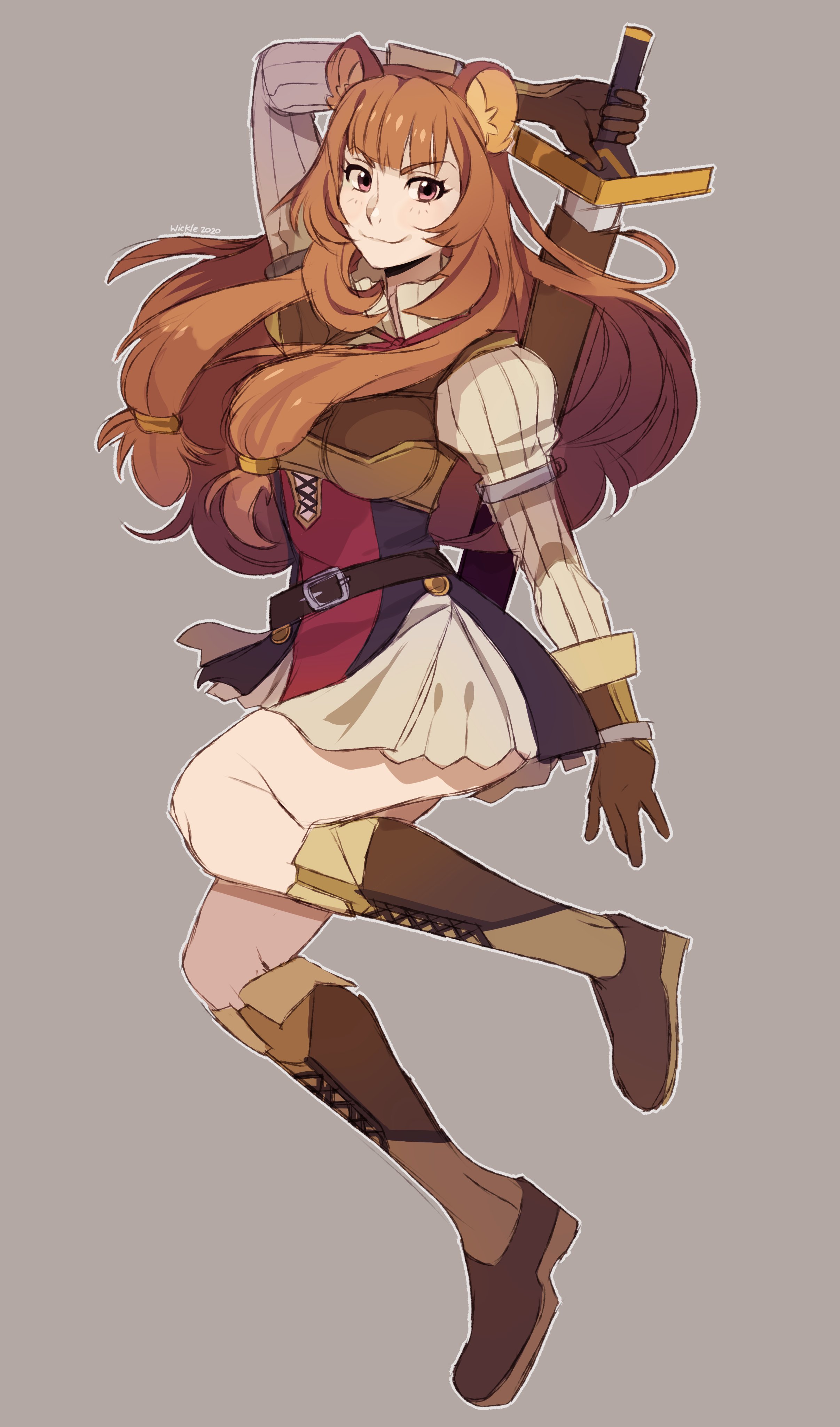 raphtalia, tate no yuusha no nariagari, absurdres, commentary, english commentary, highres, 1girl, animal ears, arm up, armor, black dress, blunt bangs, boobplate, boots, breastplate, breasts, breasts apart, brown boots, brown dress, brown gloves, brown hair, closed mouth, collared dress, dress, elbow gloves, eyelashes, floating hair, full body, gloves, grey background, high collar, holding, holding sword, holding weapon, knee boots, leather armor, long hair, long sleeves, looking at viewer, medium breasts, metal arm cuffs, metal hair tubes, metal wrist cuffs, neck ribbon, no tail, outline, pauldrons, pink eyes, pinstripe dress, pinstripe pattern, raccoon ears, raccoon girl, red dress, red ribbon, ribbon, scabbard, sheath, sheathed, short dress, shoulder armor, simple background, single pauldron, sleeveless, sleeveless dress, smile, solo, sword, two-tone dress, v-shaped eyebrows, weapon, white dress, white outline, wicklebutt