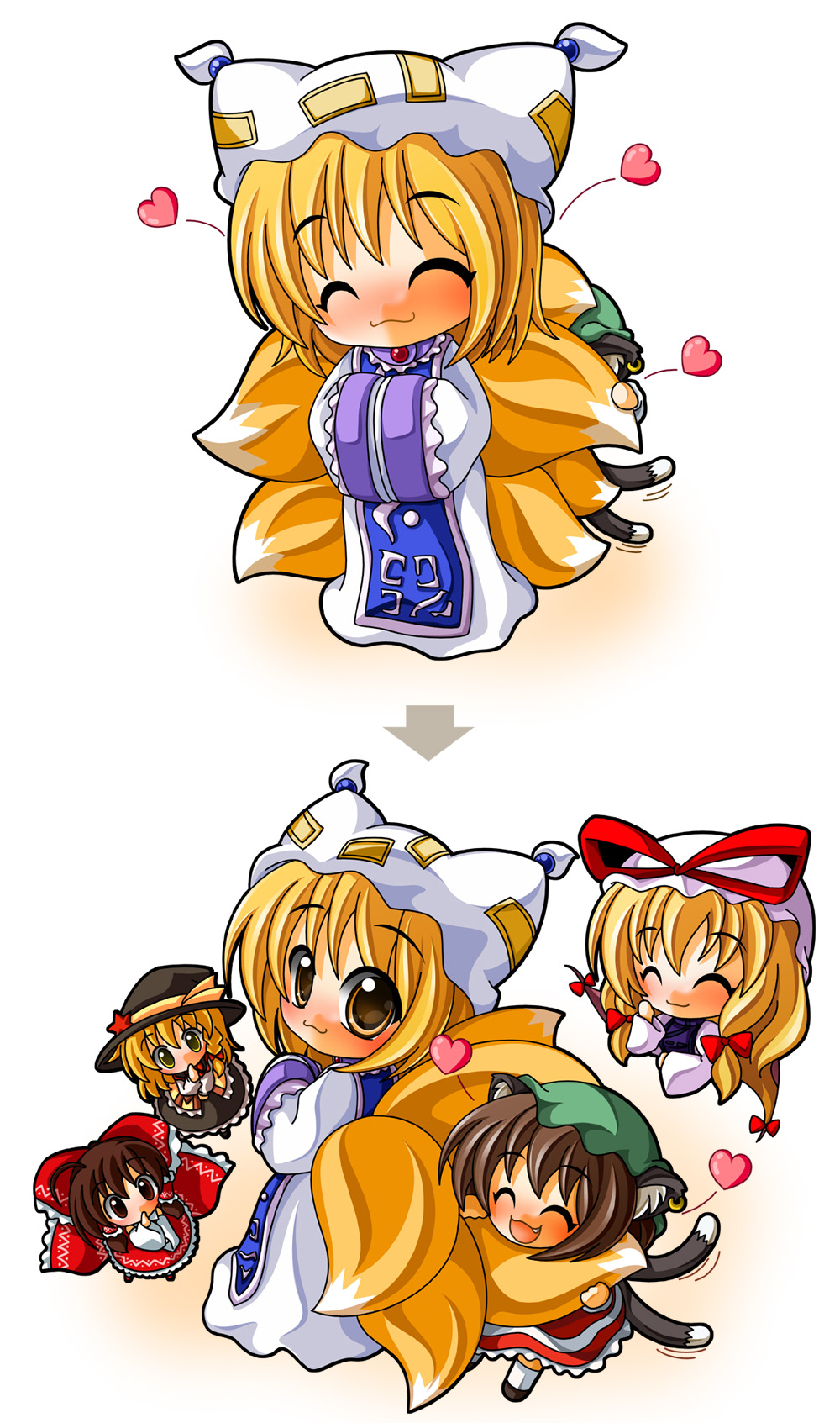 shinjitsu, chen, hakurei reimu, kirisame marisa, yakumo ran, yakumo yukari, touhou, bad id, bad pixiv id, highres, 5girls, :3, animal ears, animal hat, blonde hair, braid, brown hair, cat ears, cat girl, cat tail, chibi, closed eyes, detached sleeves, earrings, fang, female focus, fox tail, gap (touhou), hands in opposite sleeves, hat, heart, hugging another's tail, hugging tail, japanese clothes, jewelry, long hair, long sleeves, looking back, miko, mob cap, multiple girls, multiple tails, nekomata, red eyes, shoes, short hair, socks, tail, tassel, white background, wide sleeves, witch, witch hat, yellow eyes