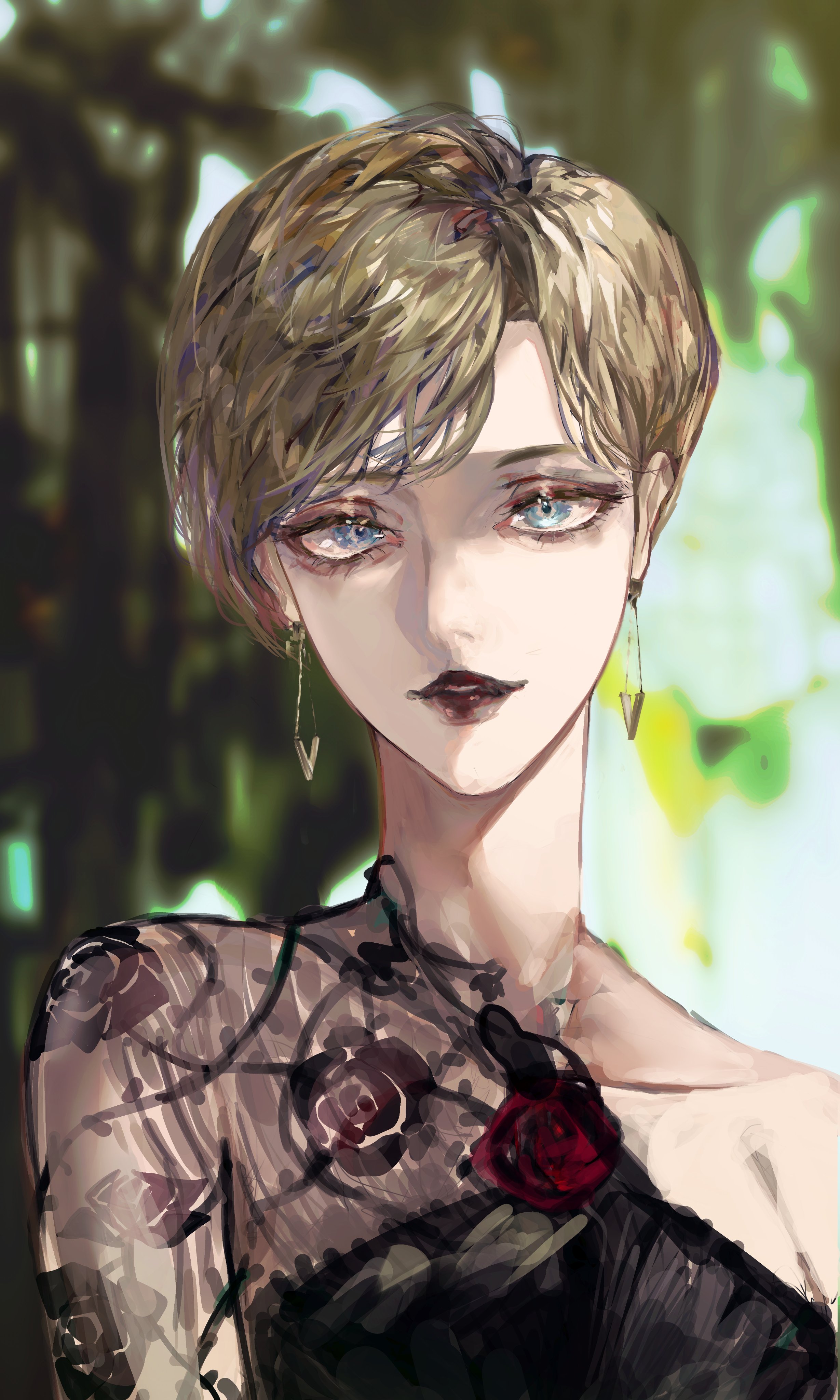 waffle820, original, absurdres, highres, 1girl, aegyo sal, black dress, black lips, blonde hair, blue eyes, blurry, blurry background, dress, earrings, fishnet sleeves, fishnets, floral print, flower, jewelry, looking at viewer, parted lips, rose, short hair, smile, solo, upper body