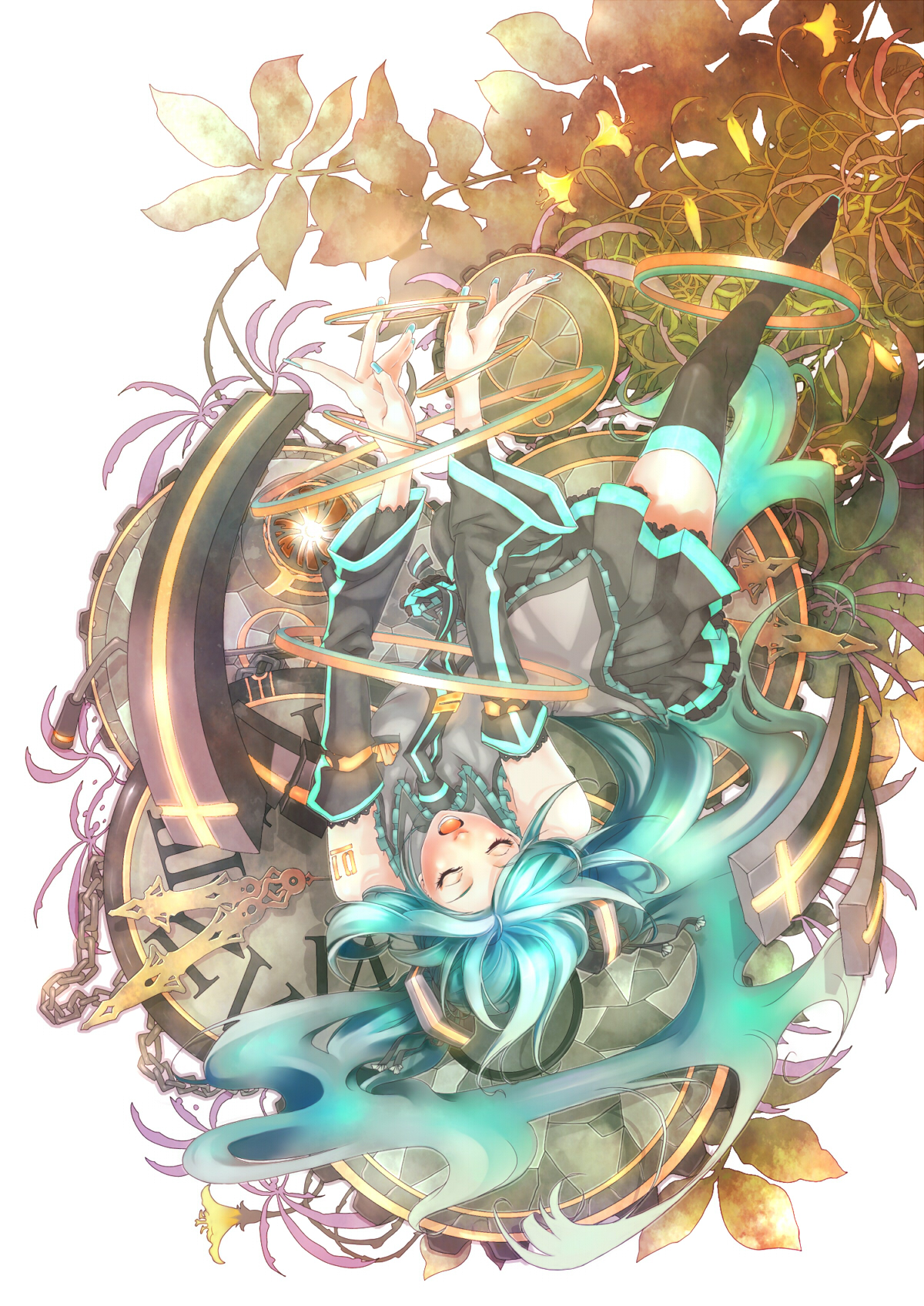 plastick, hatsune miku, vocaloid, highres, 1girl, aqua hair, aqua nails, clock, closed eyes, detached sleeves, female focus, flower, long hair, nail polish, necktie, open mouth, roman numeral, simple background, skirt, solo, thighhighs, twintails, upside-down, very long hair, white background, zettai ryouiki
