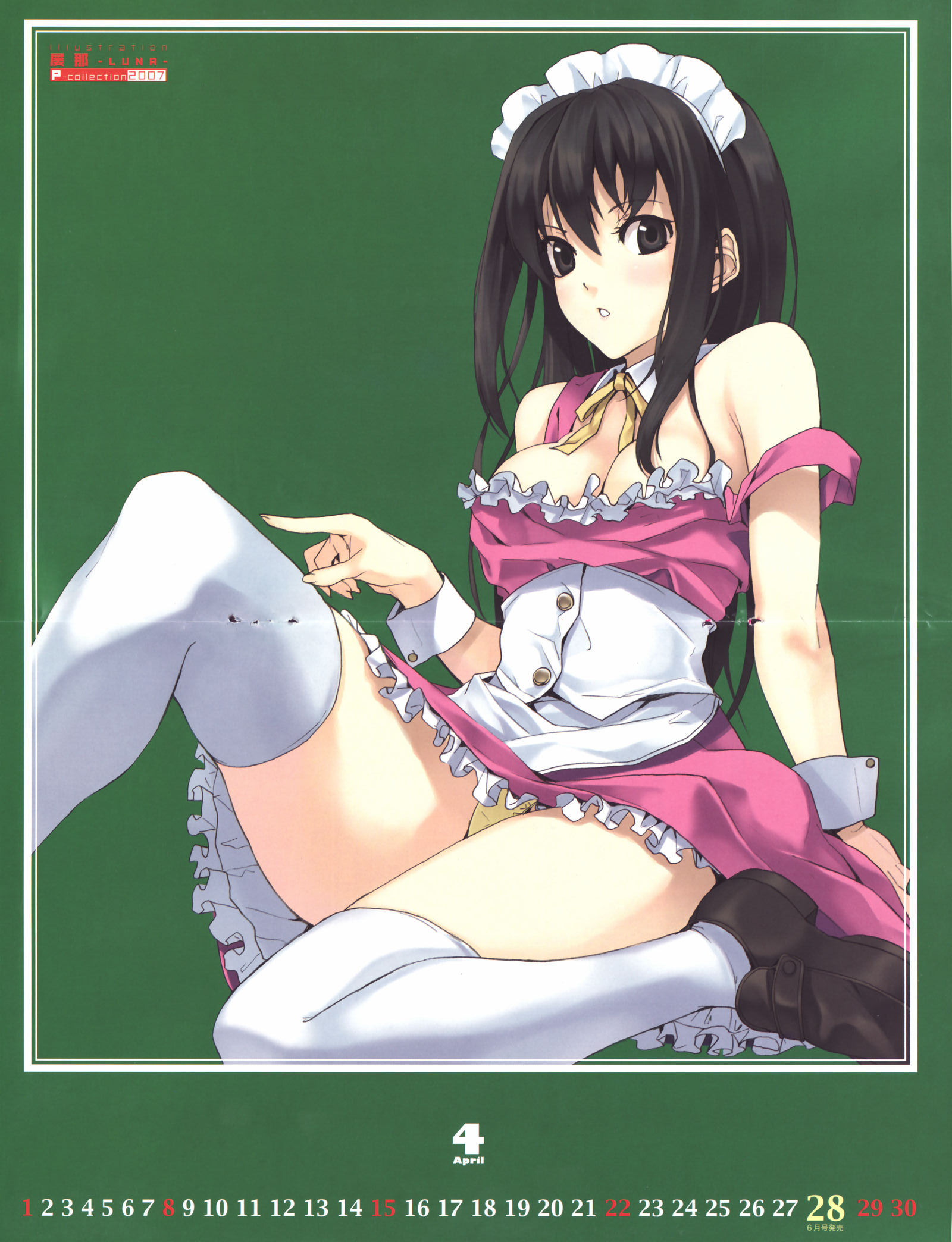 luna (reclaimed land), original, highres, scan, scan artifacts, 1girl, april, black eyes, black hair, bow, breasts, calendar, cleavage, crease, female focus, frills, maid, maid headdress, mary janes, open mouth, panties, ribbon, shoes, sitting, solo, strap slip, thighhighs, underwear, white thighhighs, wrist cuffs