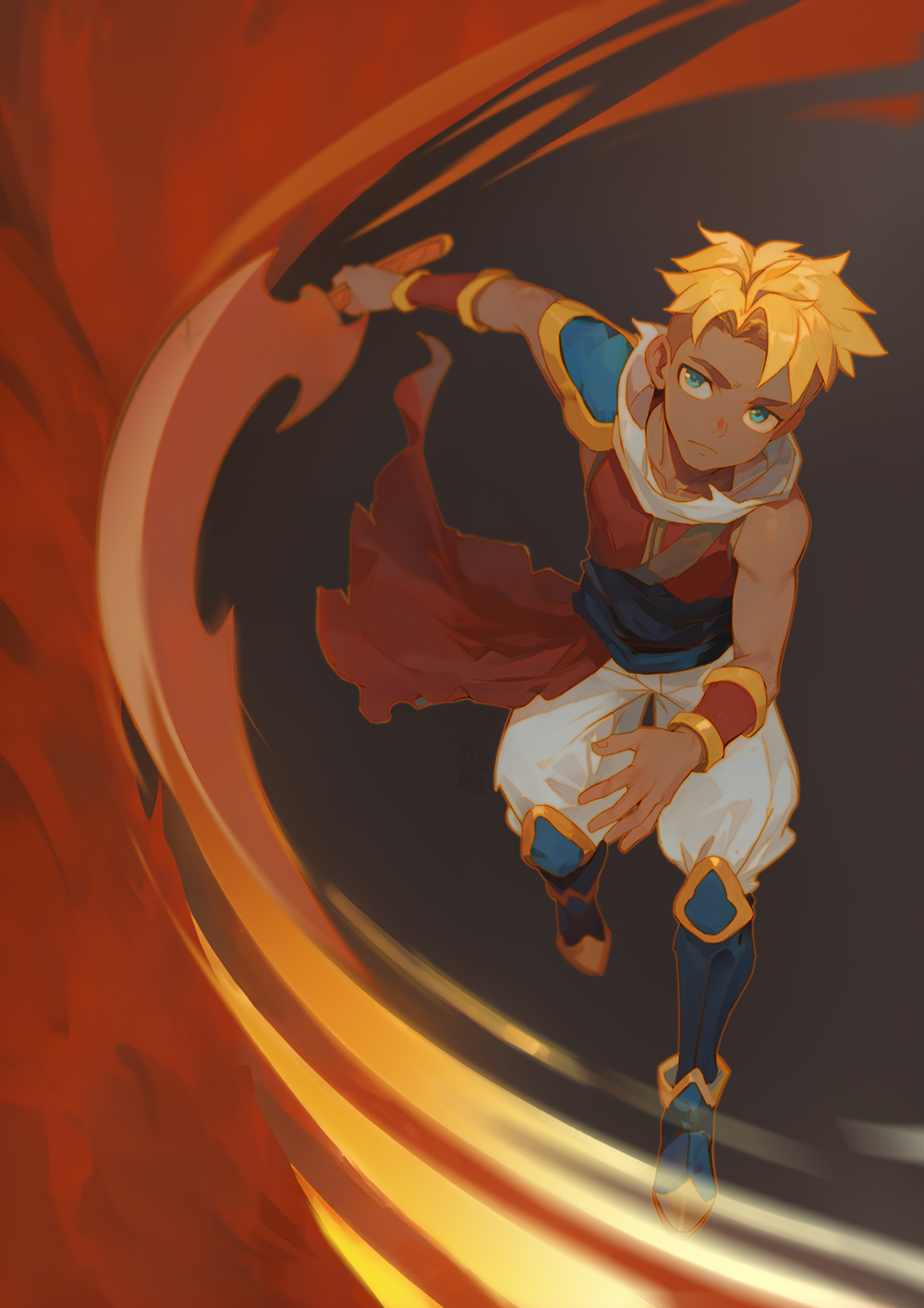 ryou hiryuu, zale, sea of stars, 1boy, armor, blonde hair, blue eyes, holding, holding weapon, male focus, pants, short hair, shoulder armor, sleeveless, solo, swinging weapon, undercut, weapon, wrist guards