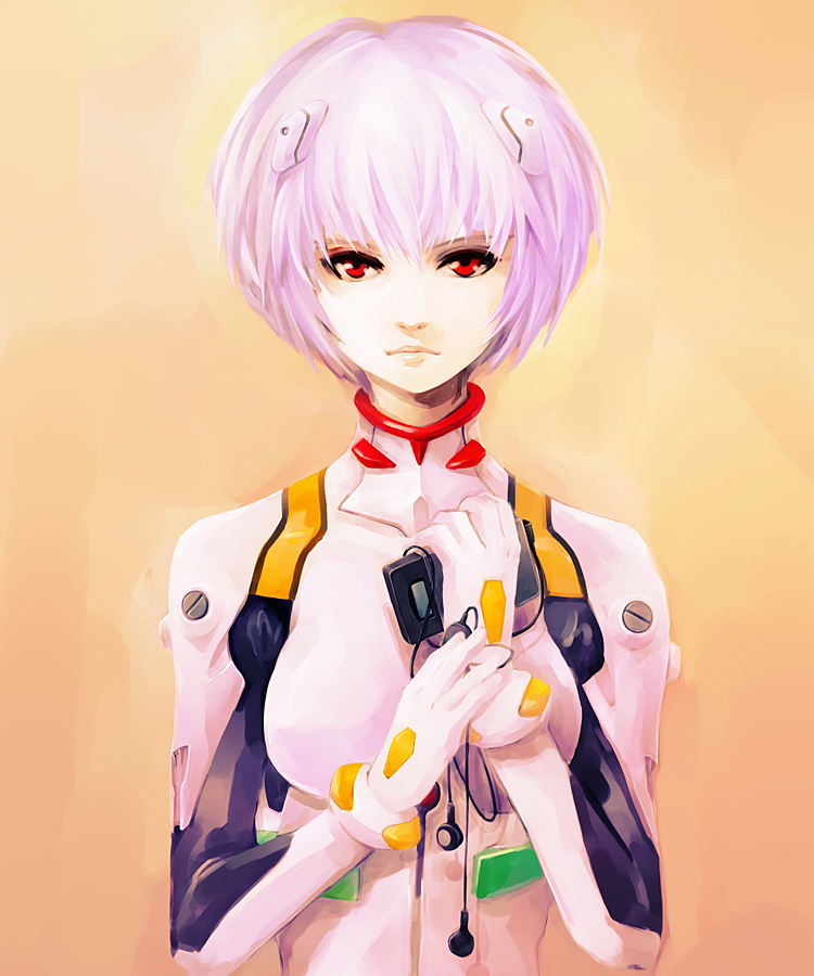 hironox, ayanami rei, neon genesis evangelion, digital media player, earphones, mecha pilot suit, plugsuit (evangelion), purple hair, red eyes, short hair, solo