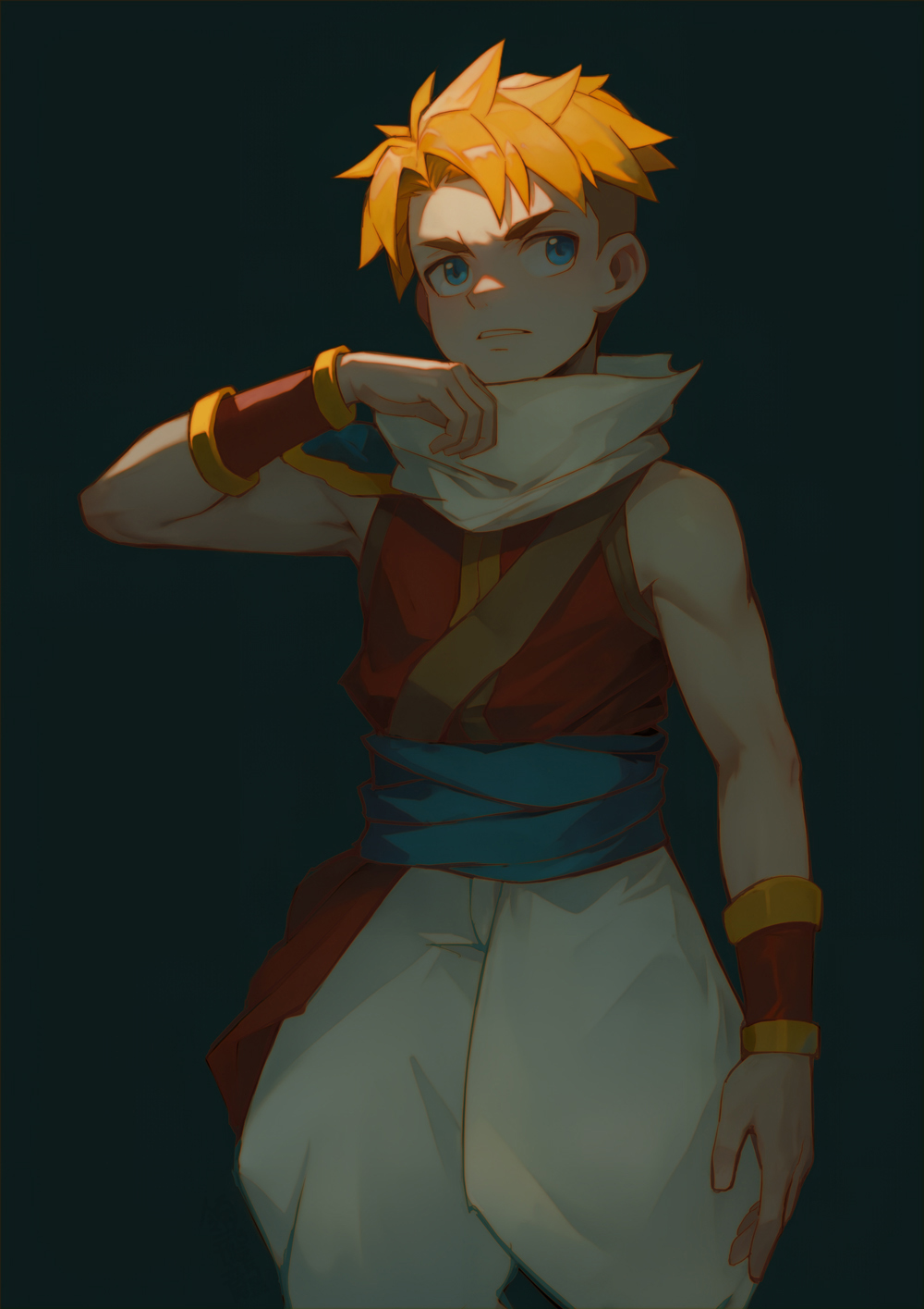 ryou hiryuu, zale, sea of stars, 1boy, baggy pants, blue eyes, male focus, pants, shirt, sleeveless, sleeveless shirt, solo, toned, toned male, undercut, wrist guards