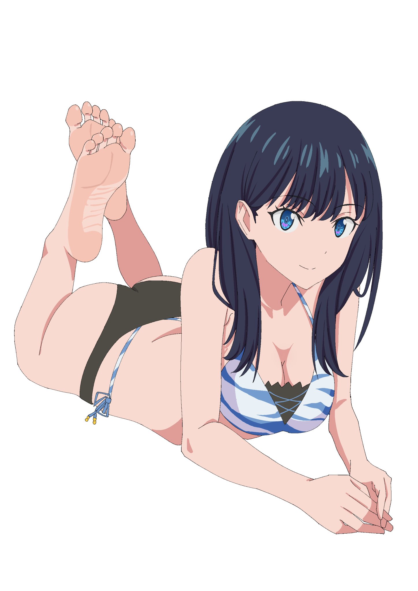 piaofu wu, takarada rikka, gridman universe, ssss.gridman, 1girl, ass, bikini, black bikini, black hair, blue bikini, blue eyes, breasts, cleavage, feet, highleg, highleg bikini, layered bikini, legs up, lying, medium breasts, medium hair, on stomach, smile, solo, striped bikini, striped clothes, swimsuit, whale tail (clothing), white background, white bikini