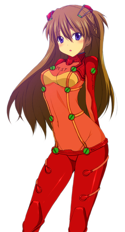 kyoku tou, souryuu asuka langley, evangelion: 2.0 you can (not) advance, neon genesis evangelion, rebuild of evangelion, 00s, 1girl, arms behind back, blue eyes, blush, bodysuit, breasts, brown hair, cleavage, female focus, long hair, mecha pilot suit, plugsuit (evangelion), purple eyes, see-through cleavage, see-through clothes, solo, test plugsuit (evangelion), white background