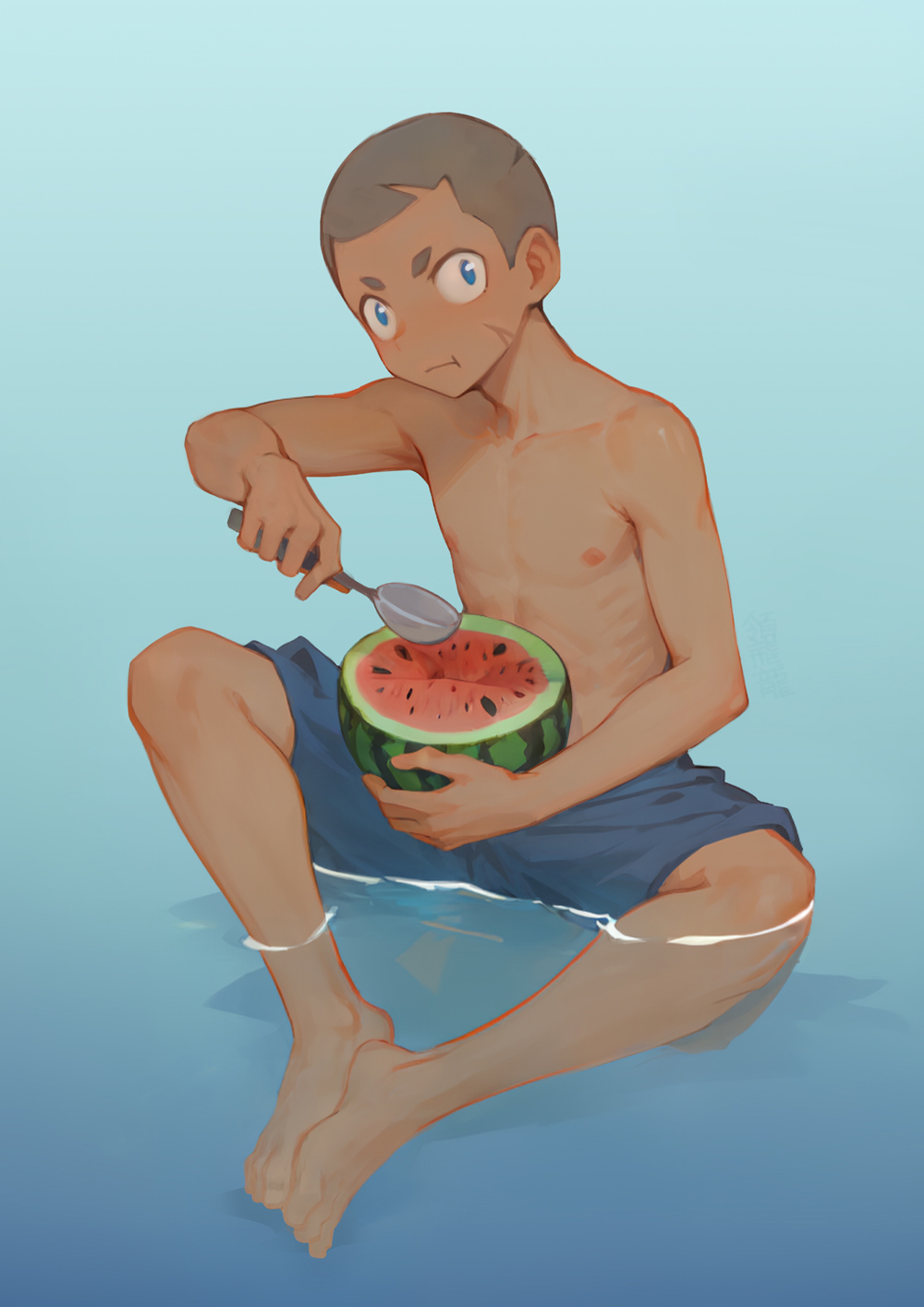 ryou hiryuu, original, 1boy, barefoot, blue background, blue eyes, blue shorts, buzz cut, dark-skinned male, dark skin, eating, food, fruit, holding, holding food, holding spoon, male focus, nipples, scar, scar on face, shaved head, shorts, sitting, solo, spoon, topless male, very short hair, water, watermelon