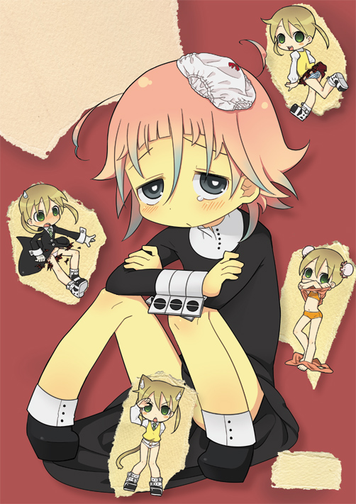 ogata zen, crona (soul eater), maka albarn, soul eater, bad id, bad pixiv id, 00s, 1girl, androgynous, black dress, blush, bun cover, censored, chibi, convenient censoring, cuff links, dress, grey eyes, high collar, no panties, novelty censor, object on head, panties, panties on head, pink hair, shoes, short hair, sitting, tears, underwear