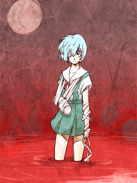 shiki16n, ayanami rei, neon genesis evangelion, arm sling, bandages, blood, blue hair, cast, eyepatch, moon, pale skin, plaster, school uniform, short hair, skirt, solo