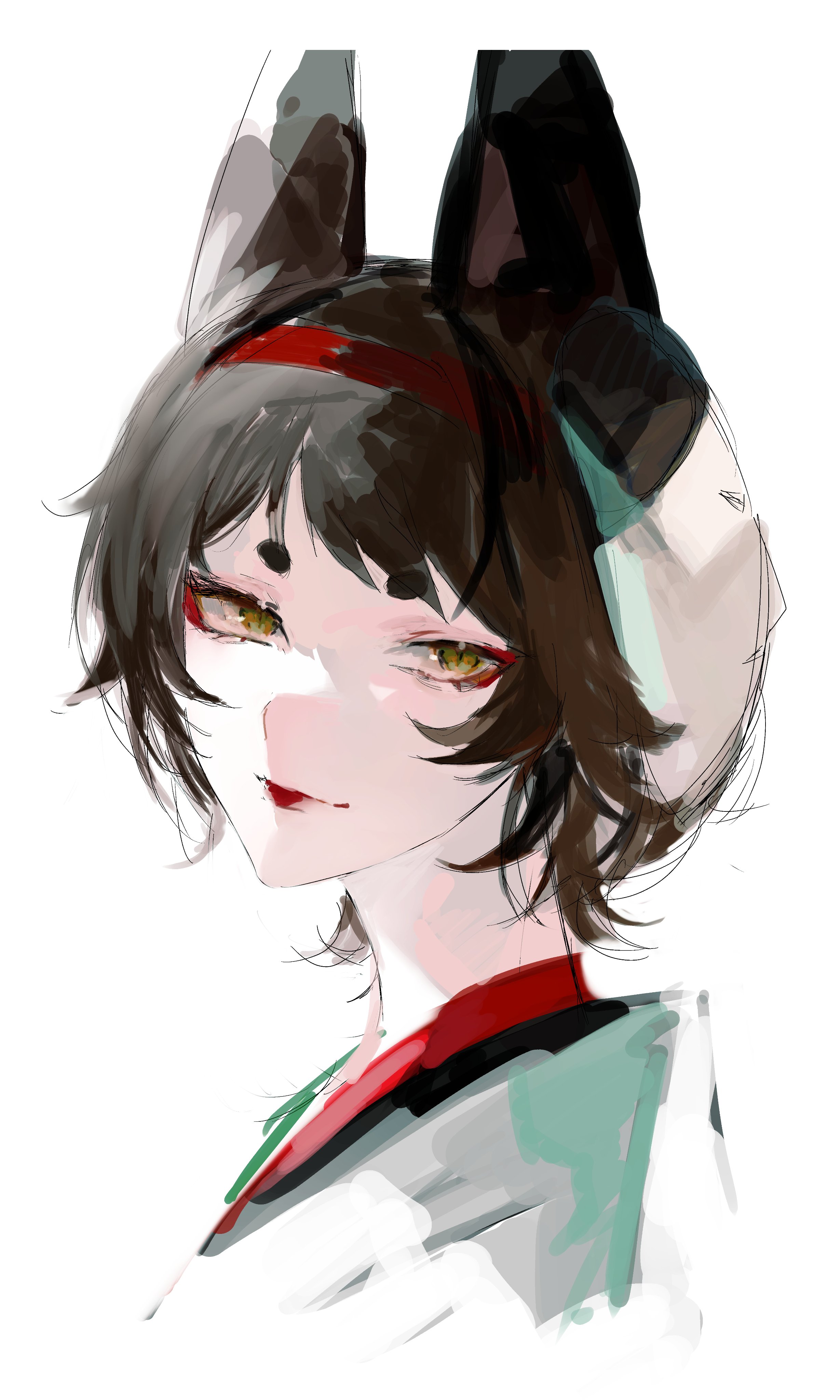 waffle820, original, absurdres, highres, 1girl, animal ears, black eyes, black hair, double-parted bangs, hairband, looking at viewer, makeup, portrait, rabbit ears, red lips, short hair, smile, solo, yellow eyes