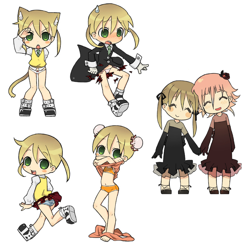 ogata zen, crona (soul eater), maka albarn, soul eater, bad id, bad pixiv id, 00s, 1girl, ^ ^, androgynous, animal ears, ass, black dress, blonde hair, blouse, blush, blush stickers, bra, bun cover, cat ears, cat girl, cat tail, chibi, closed eyes, coat, double bun, dress, female focus, flower, gloves, green eyes, hair bun, hair flower, hair ornament, hair ribbon, happy, holding hands, long hair, looking back, necktie, open mouth, panties, pantyshot, pink dress, pink hair, plaid clothes, plaid skirt, ribbon, rose, shirt, shoes, short hair, side-tie panties, skirt, smile, sports bra, striped clothes, striped panties, sweatdrop, sweater, tail, torn clothes, twintails, underwear, undressing, upskirt, waving, white gloves, wind, wind lift