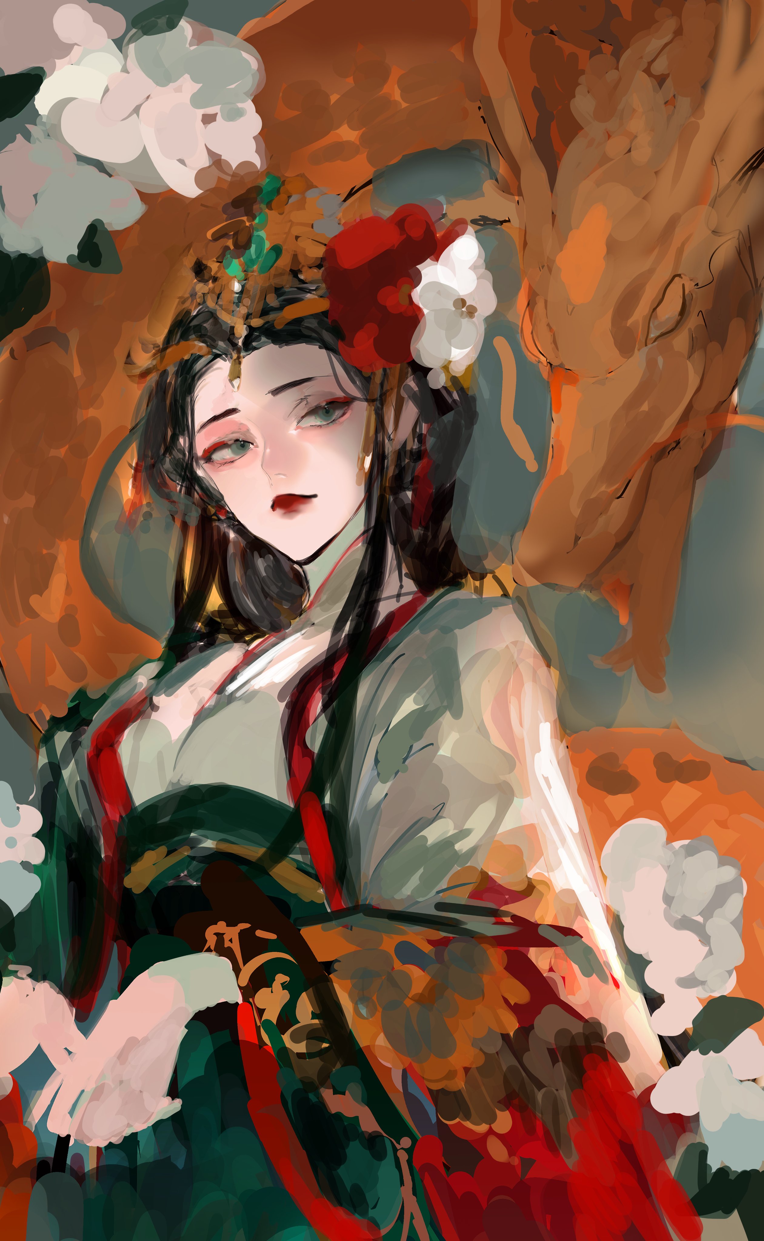 waffle820, original, absurdres, check clothing, clothing request, highres, 1girl, blue eyes, breasts, chinese clothes, cleavage, cowboy shot, dragon, eastern dragon, facing viewer, flower, hair flower, hair ornament, hanfu, headdress, looking at animal, makeup, own hands together, red lips, smile, solo, white flower