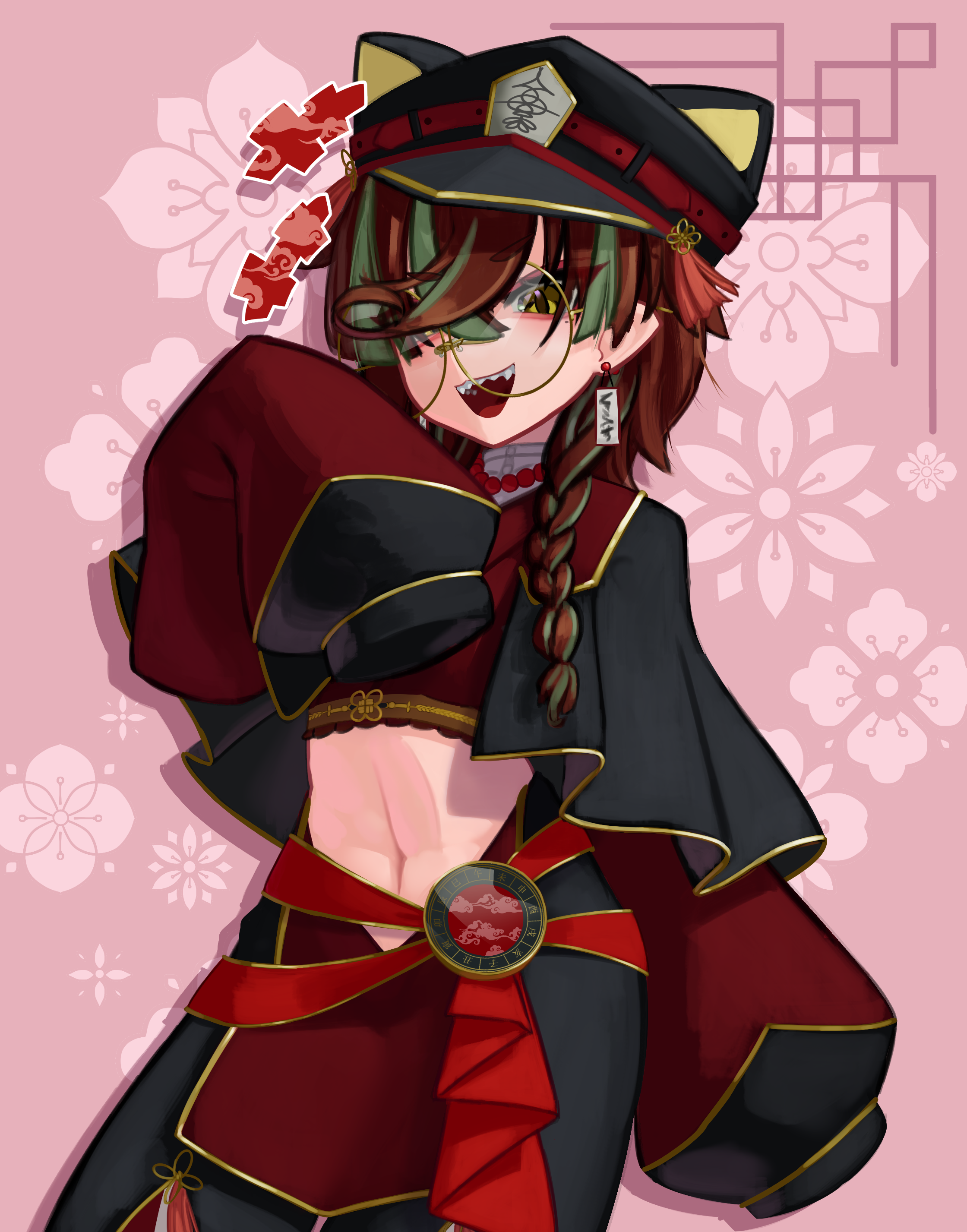 zakozako y, absurdres, character request, check gender, commentary request, commission, copyright request, gender request, highres, skeb commission, 1girl, :d, black shirt, black skirt, braid, brown hair, capelet, cowboy shot, cropped shirt, eyelashes, fangs, floral background, gold trim, green hair, midriff, multicolored hair, navel, open mouth, pink background, red capelet, red shirt, red skirt, round eyewear, sharp teeth, shirt, skirt, sleeves past fingers, sleeves past wrists, smile, solo, teeth, tongue, two-tone capelet, two-tone hair, two-tone shirt, two-tone skirt, upper teeth only, v-shaped eyebrows, virtual youtuber, yellow-framed eyewear, yellow eyes