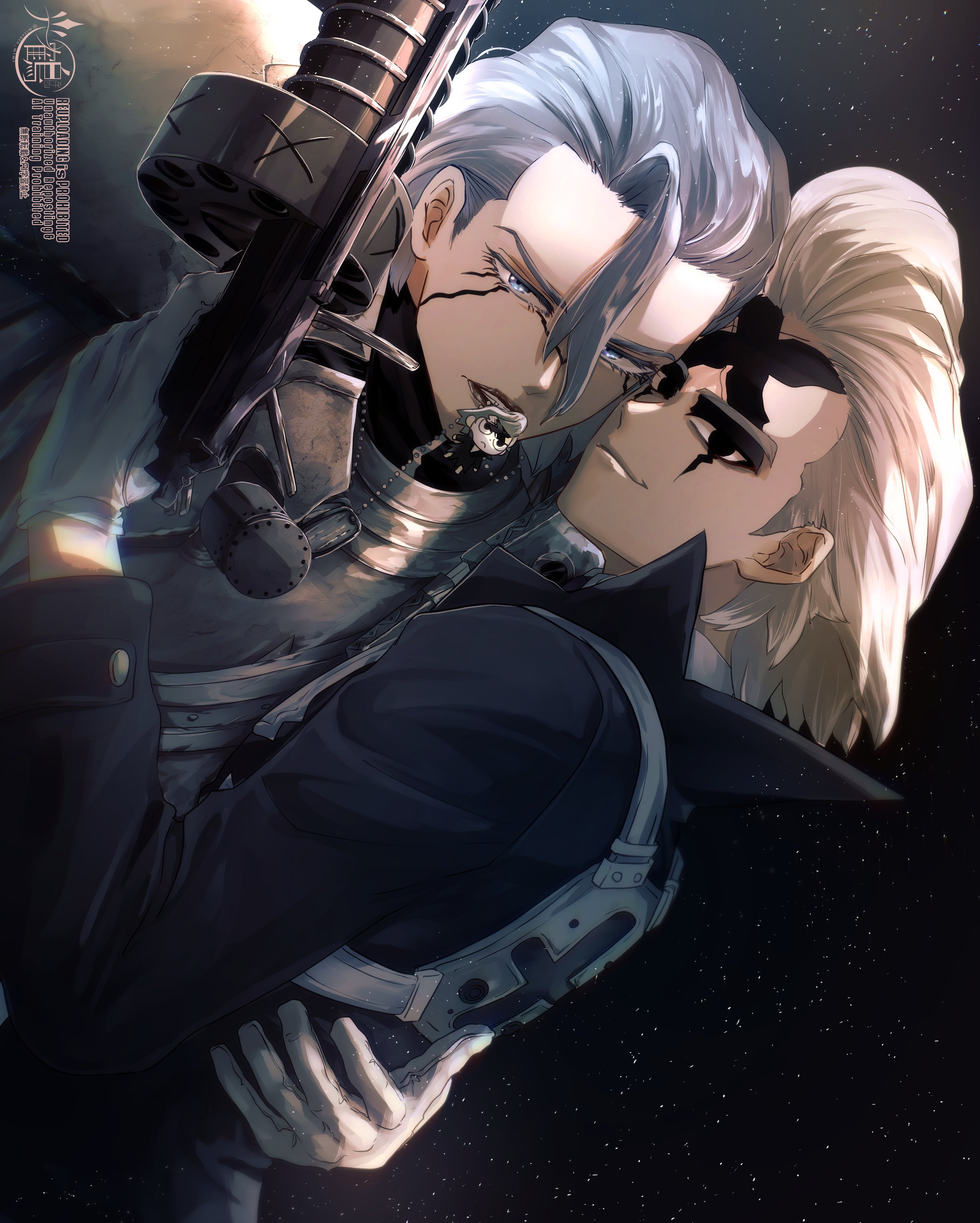 mitsuru (aica hikari), dr. stone, absurdres, highres, 2boys, armor, black eyes, black jacket, black sclera, blue eyes, brothers, coat, colored sclera, facial tattoo, fur trim, gloves, grey hair, grin, gun, hair between eyes, holding, holding gun, holding weapon, jacket, long sleeves, looking at viewer, male focus, mouth hold, multiple boys, short hair, siblings, smile, stanley snyder (dr.stone), star (sky), tattoo, upper body, weapon, white gloves, white hair, xeno (dr.stone), yaoi