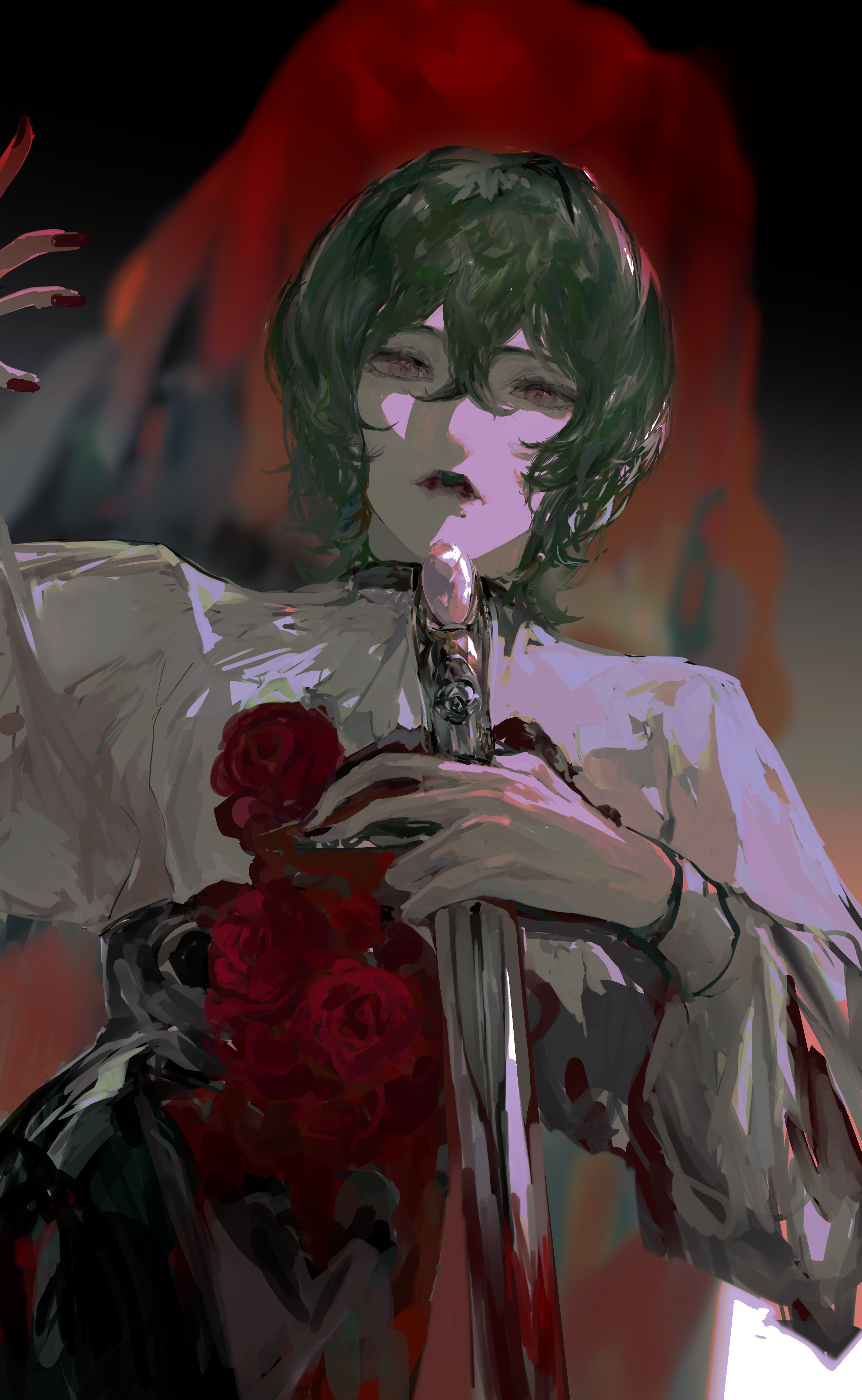 waffle820, original, absurdres, highres, 1girl, black hair, black lips, blood, bloody weapon, blouse, collar, cowboy shot, crossed bangs, double-parted bangs, flower, hair between eyes, hand up, holding, holding sword, holding weapon, looking at viewer, red eyes, red flower, red nails, red rose, rose, serious, shirt, short hair, sidelighting, solo, sword, weapon, white shirt