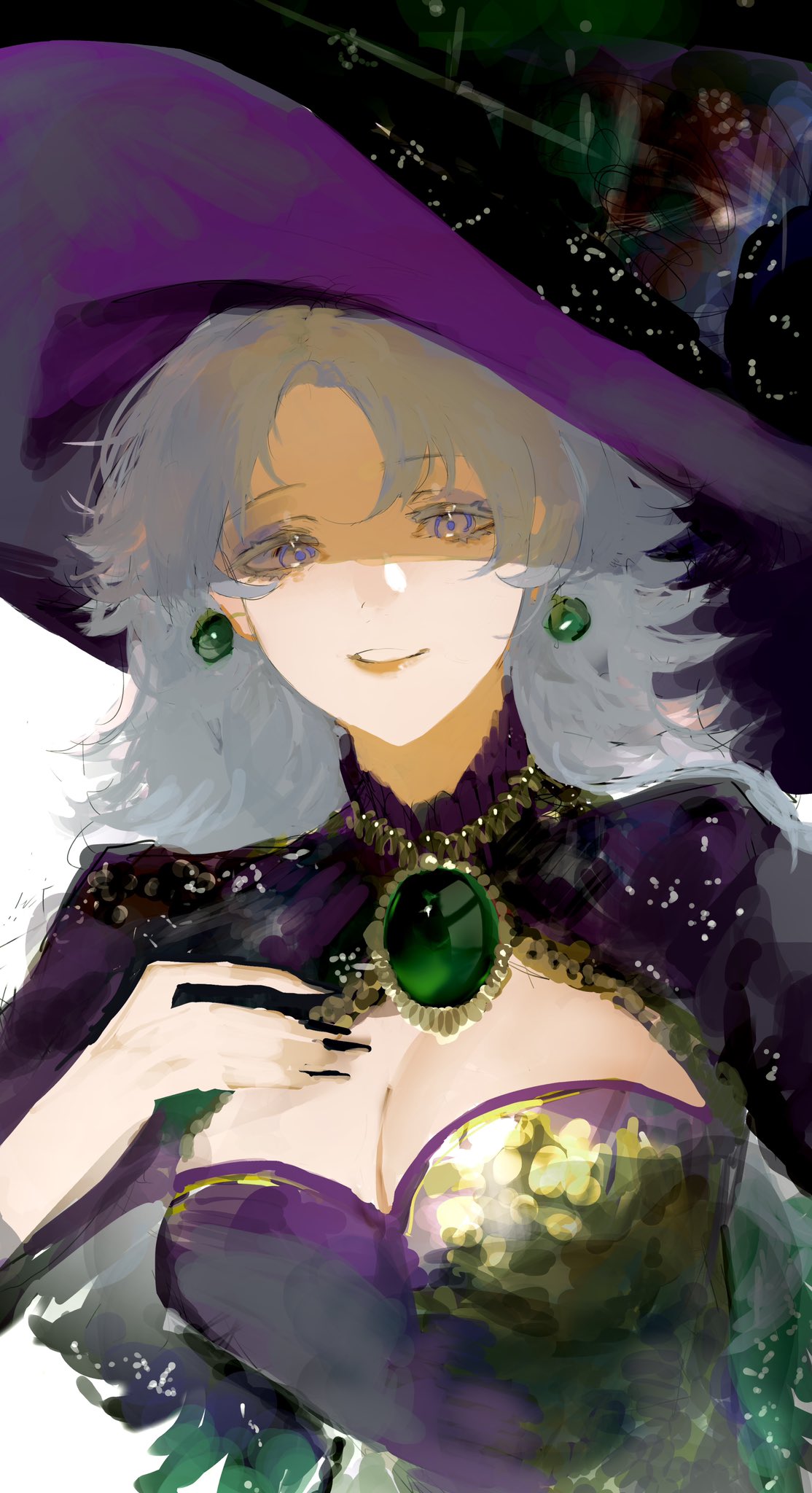 waffle820, original, highres, 1girl, :d, above-cleavage cutout, aegyo sal, capelet, clothing cutout, collar, curtained hair, dress, grin, hat, jade earrings, jade pendant, looking at viewer, open mouth, purple capelet, purple dress, purple eyes, smile, solo, white hair