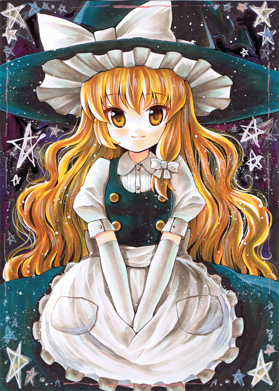 kidanieru, kirisame marisa, touhou, acrylic paint (medium), bad id, bad pixiv id, colored pencil (medium), marker (medium), painting (medium), traditional media, 1girl, blonde hair, elbow gloves, female focus, gloves, hat, long hair, solo, white gloves, witch, witch hat, yellow eyes