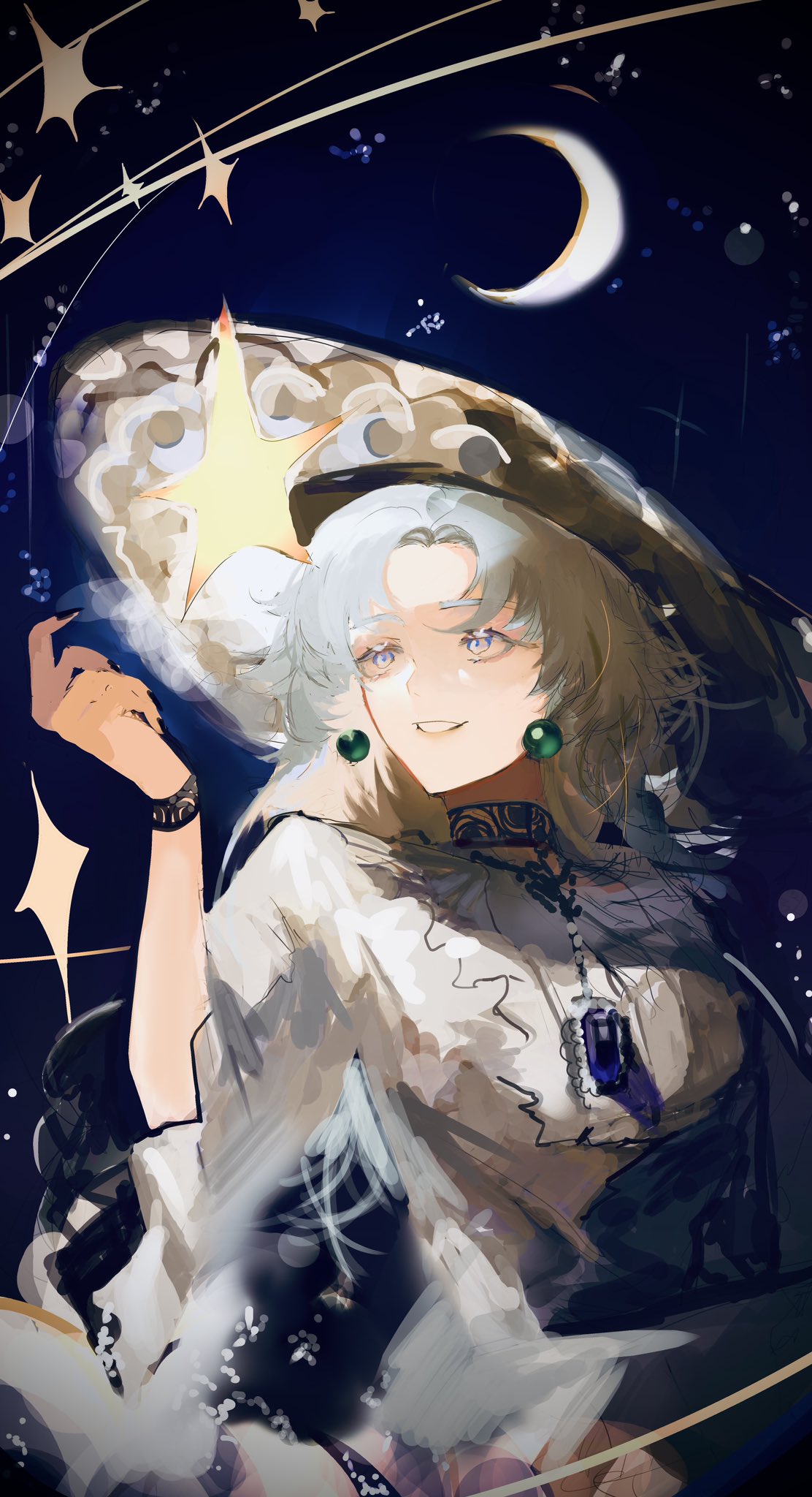 waffle820, original, highres, 1girl, aegyo sal, bangle, blue eyes, bracelet, collar, crescent, curtained hair, dress, grin, hand up, hat, jade earrings, jewelry, long hair, looking at viewer, night, sky, smile, solo, star (sky), star (symbol), starry sky, upper body, white dress, white hair