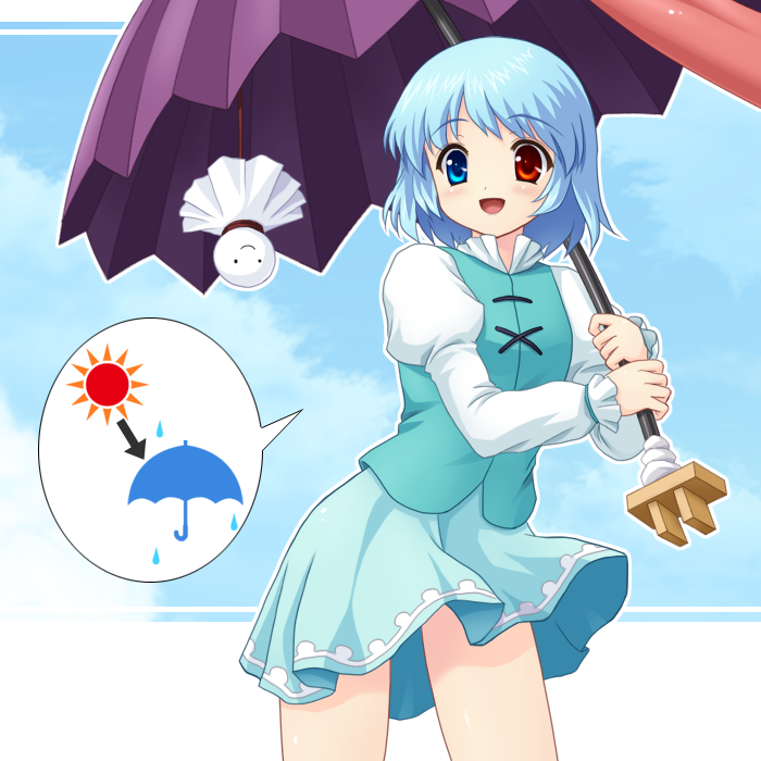 yamasan, tatara kogasa, touhou, 1girl, blue eyes, blue hair, female focus, heterochromia, karakasa obake, matching hair/eyes, outdoors, red eyes, short hair, skirt, sky, solo, teruterubouzu, tongue, umbrella, upside-down