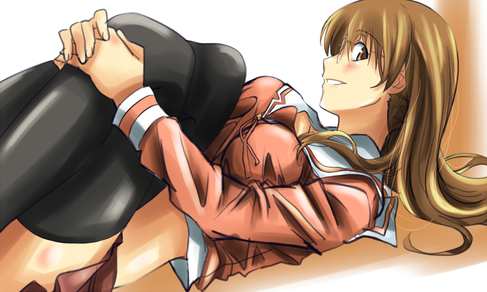 mas (5734ghji), mizuhara koyomi, azumanga daiou, 1girl, black thighhighs, blush, breasts, brown eyes, brown hair, clothes lift, female focus, glasses, hands on own knees, hugging own legs, knees to chest, large breasts, legs up, long hair, looking at viewer, lying, midriff, school uniform, serafuku, shirt lift, skirt, smile, solo, thighhighs, thighs, zettai ryouiki