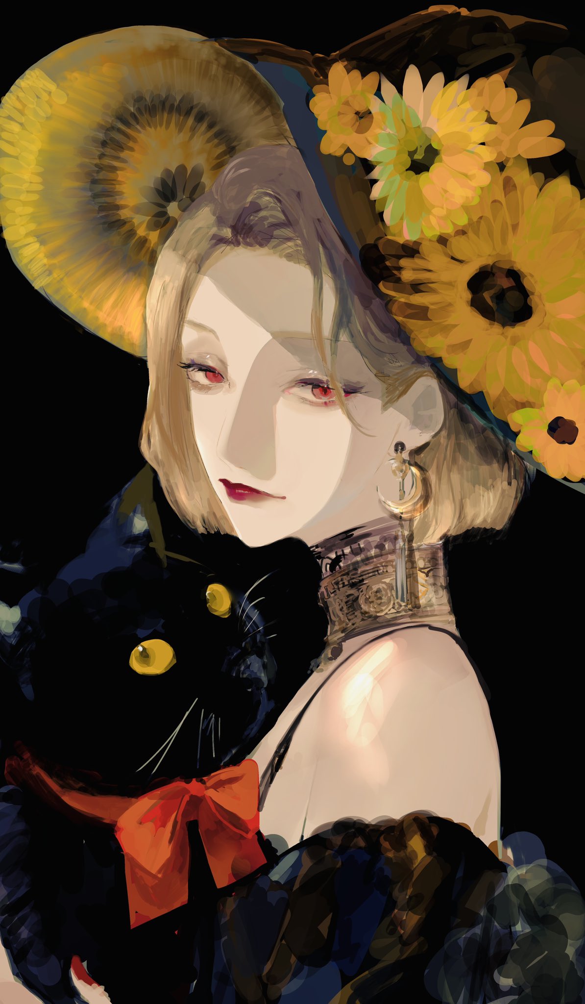 waffle820, original, commentary, highres, symbol-only commentary, 1girl, animal, black cat, black dress, blonde hair, cat, collar, crescent, crescent earrings, dress, earrings, floral print, hat, holding, holding animal, holding cat, jewelry, looking at viewer, red eyes, red lips, red nails, short hair, smile, solo, spaghetti strap, sunflower hat ornament, tassel, tassel earrings, upper body