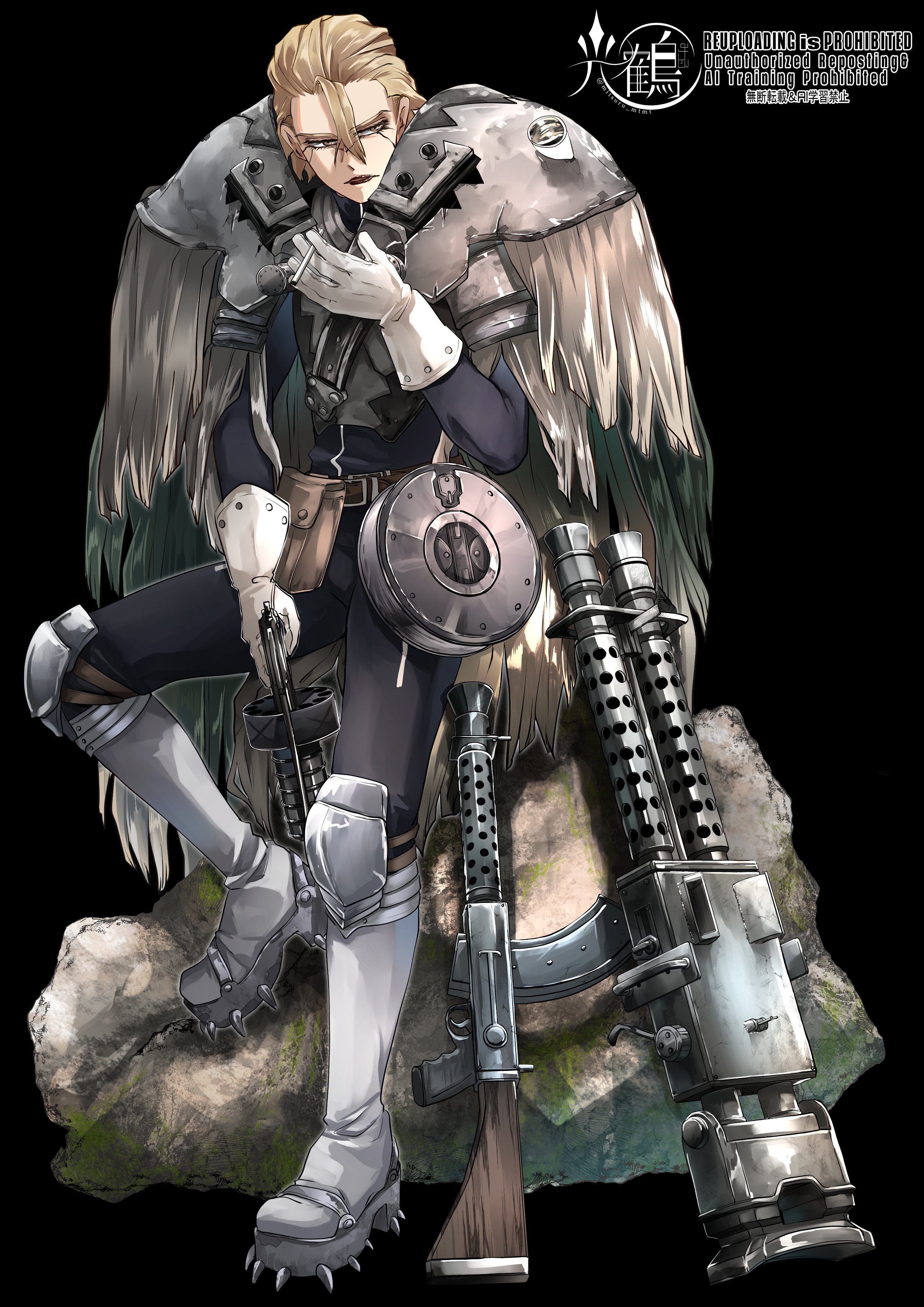 mitsuru (aica hikari), dr. stone, absurdres, highres, 1boy, ammunition belt, armor, armored boots, belt, black background, blonde hair, boots, cape, copyright name, explosive, full body, gloves, grenade, grenade launcher, gun, hair slicked back, holding, knee pads, machine gun, male focus, military, military uniform, open mouth, pauldrons, pouch, rifle, rock, scar, shoulder armor, shoulder pads, simple background, sitting, solo, stanley snyder (dr.stone), weapon, white gloves