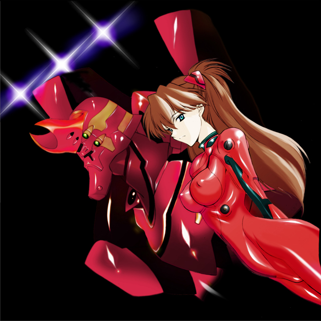 rf400rv, eva 02, souryuu asuka langley, neon genesis evangelion, rebuild of evangelion, alternate breast size, lights, 00s, 1girl, arm behind back, black background, blue eyes, bodysuit, breasts, brown hair, closed mouth, covered erect nipples, cowboy shot, dutch angle, expressionless, from side, green eyes, hair between eyes, headgear, hip focus, humanoid robot, impossible bodysuit, impossible clothes, light trail, long hair, looking at viewer, looking back, mecha, mecha pilot suit, medium breasts, pale skin, plugsuit (evangelion), robot, shiny clothes, simple background, skin tight, standing, turtleneck, two side up