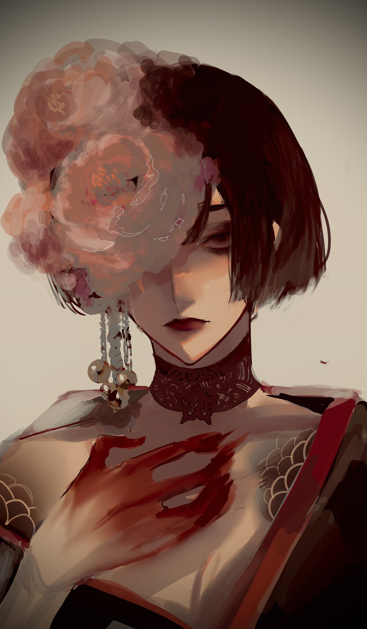 waffle820, original, highres, 1girl, aegyo sal, blood, blood on hands, bob cut, chrysanthemum, collar, colored extremities, earrings, expressionless, flower, hair flower, hair ornament, hand on own chest, jewelry, looking at viewer, one eye covered, red eyes, red hair, red lips, serious, short hair, solo, tattoo, tattoo sleeve, upper body